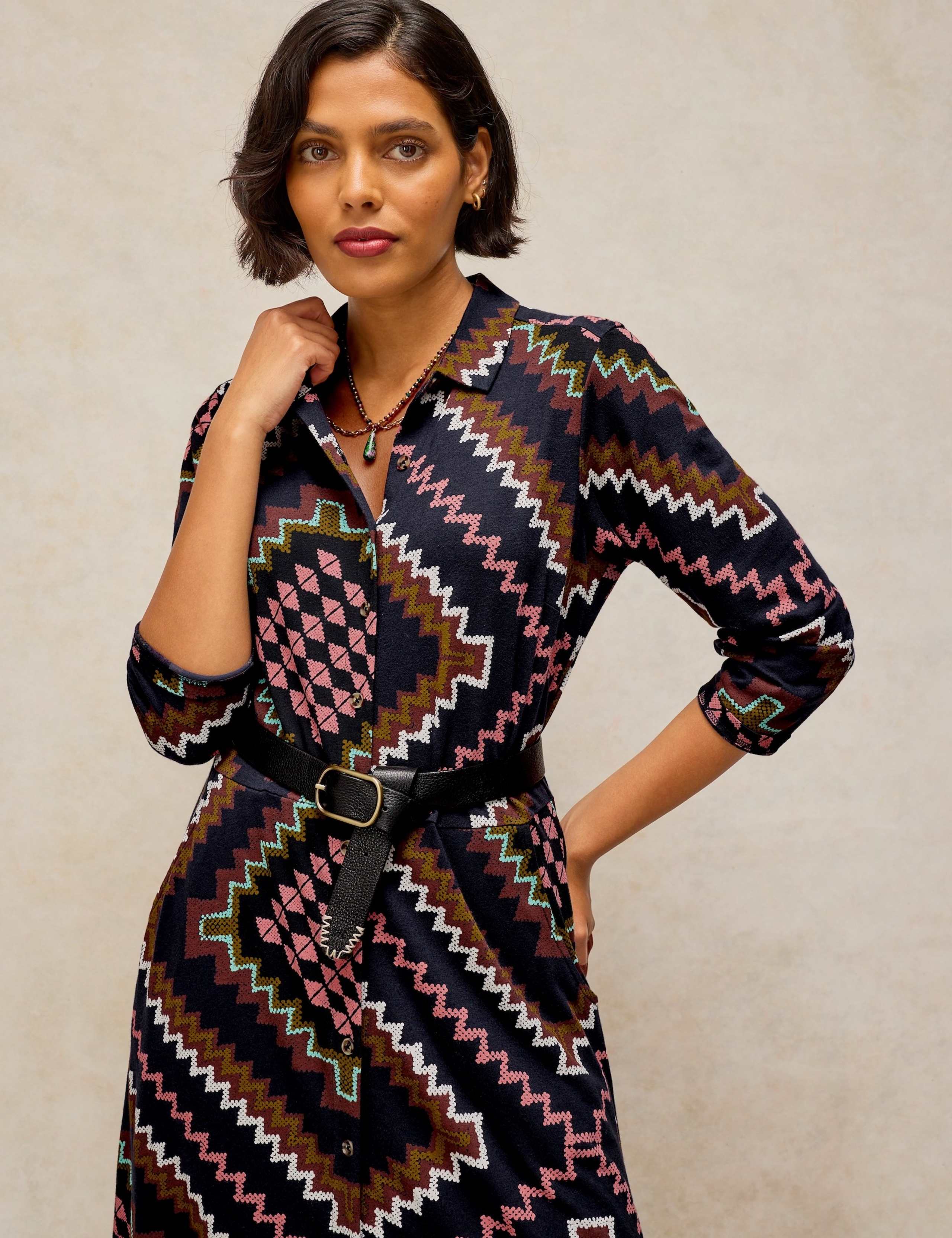 Cotton Blend Jersey Printed Midi Shirt Dress 4 of 6
