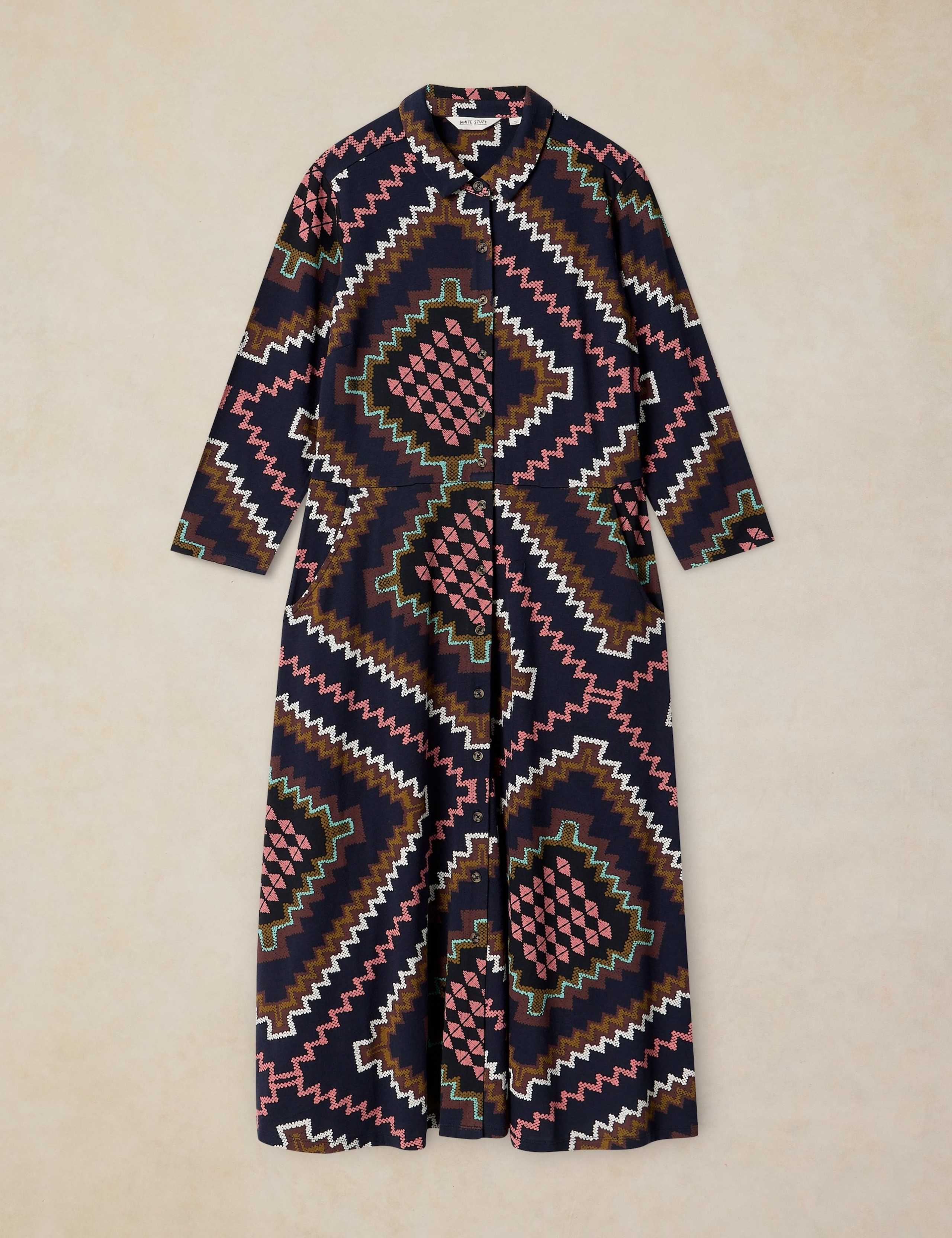 Cotton Blend Jersey Printed Midi Shirt Dress 2 of 6