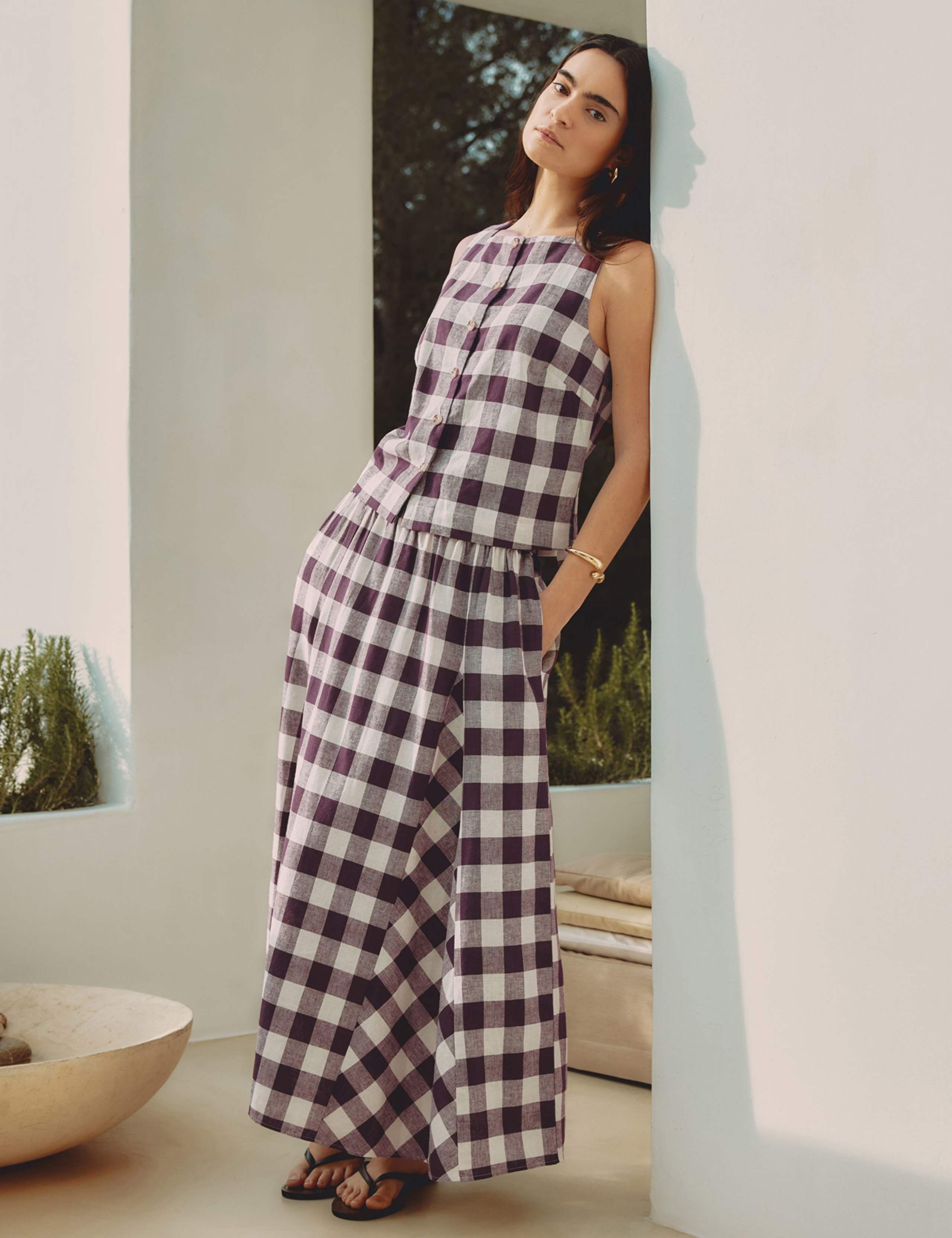 Linen Rich Gingham Midi A-Line Skirt 3 of 5