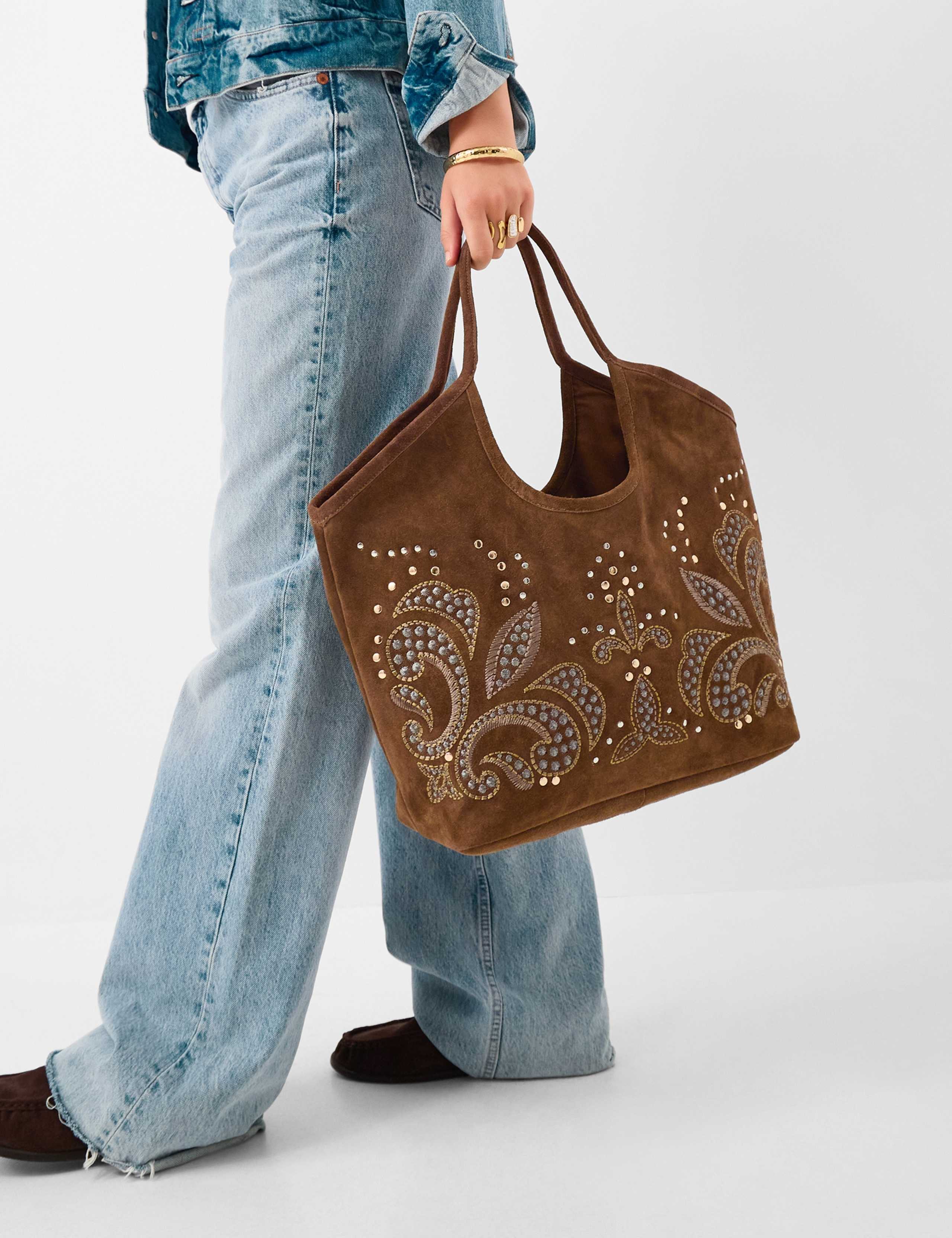 Suede Studded Embroidered Tote Bag 1 of 3