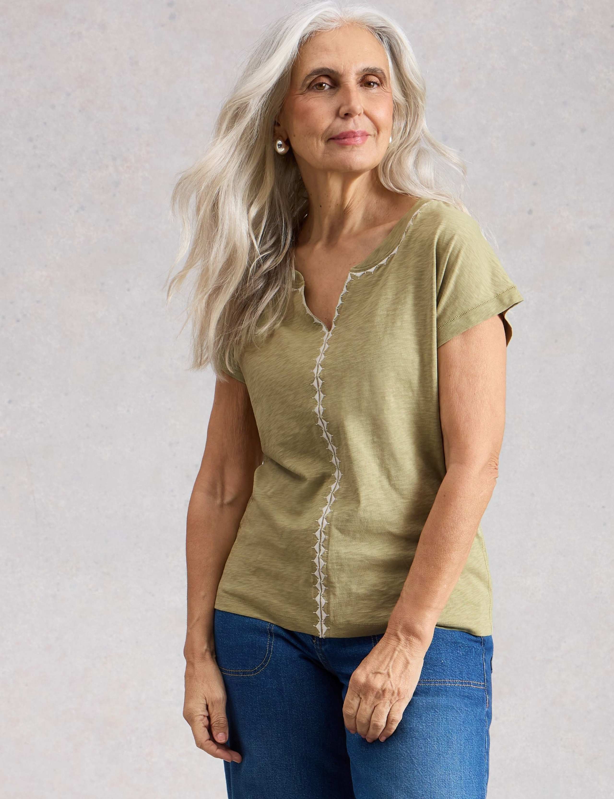 Pure Cotton Embroidered Notch Neck T-Shirt 3 of 6