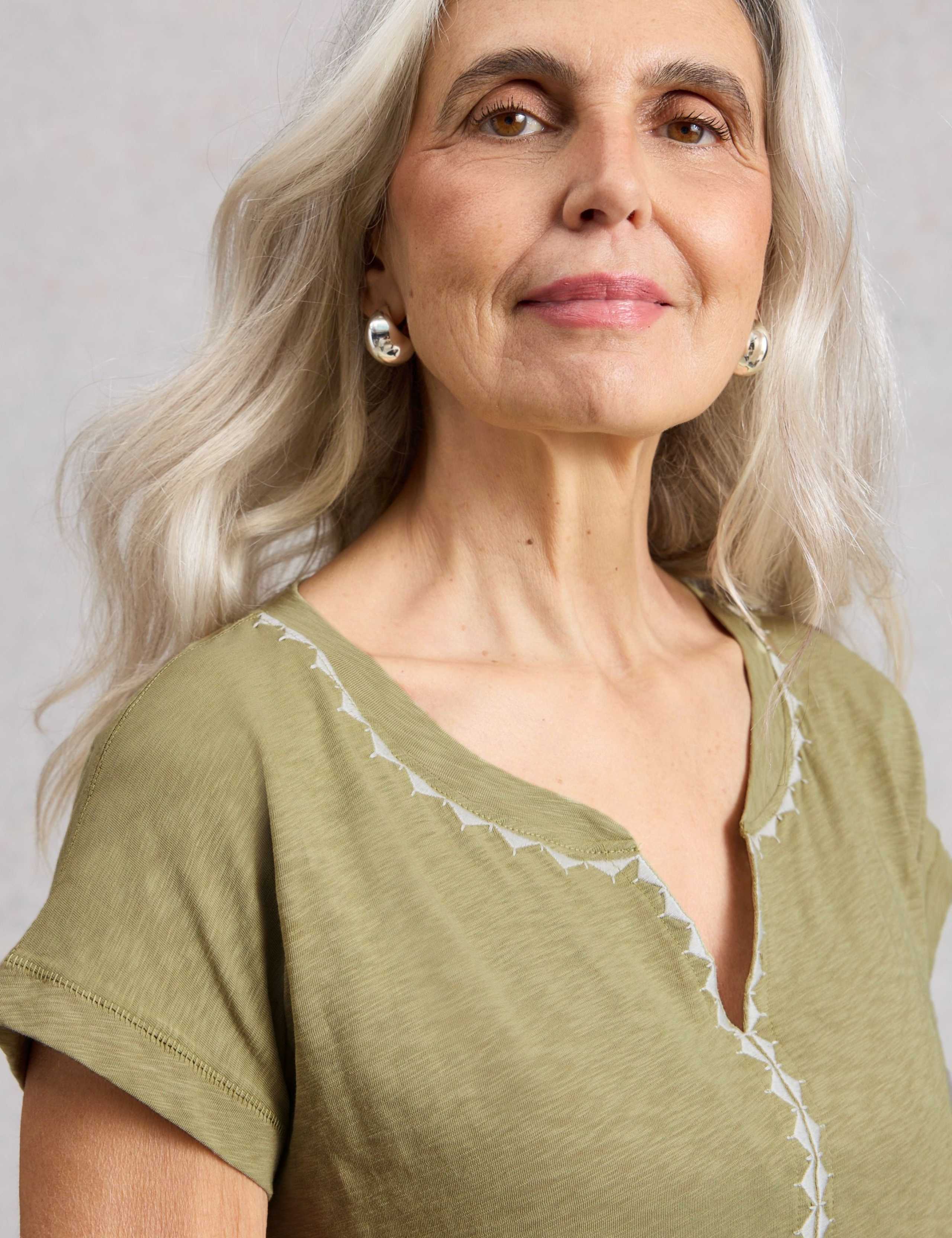 Pure Cotton Embroidered Notch Neck T-Shirt 5 of 6