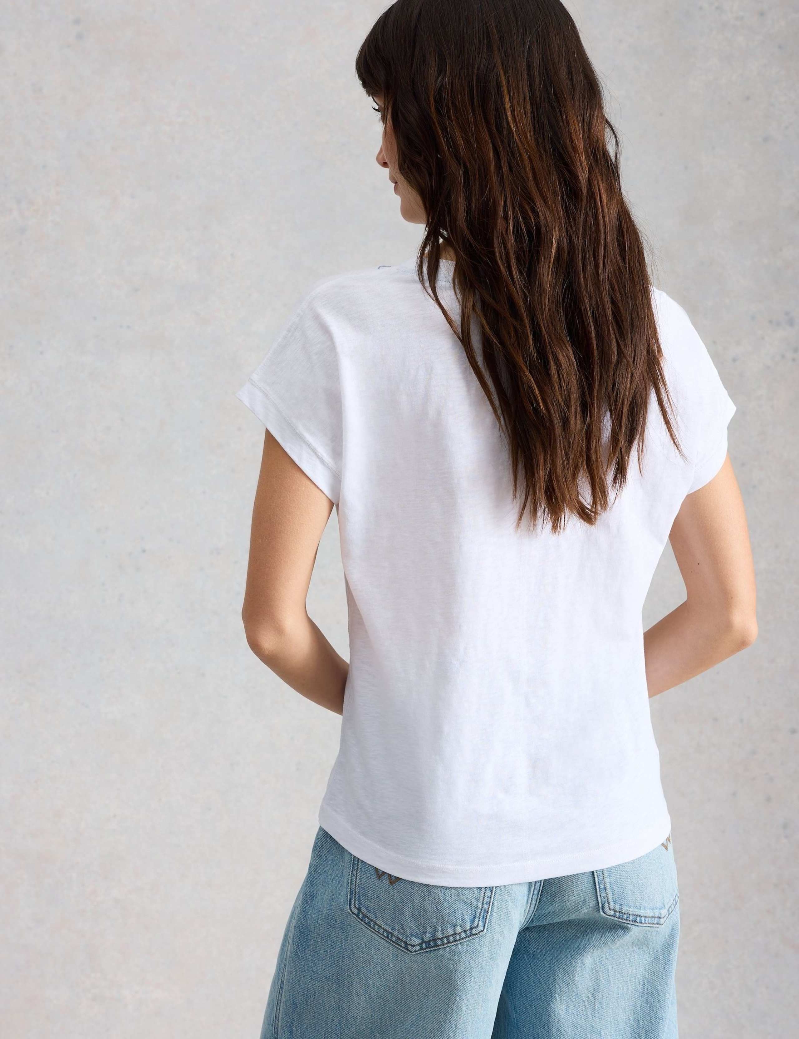 Nelly Plain Pure Cotton Embroidered Notch Neck Tee 3 of 6