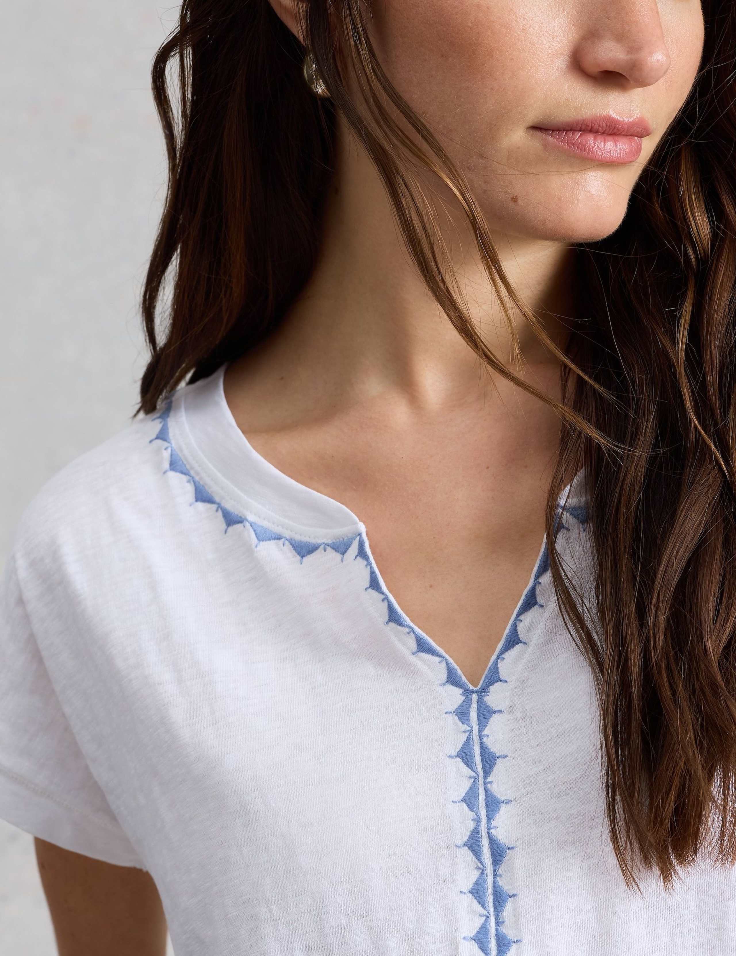 Pure Cotton Embroidered Notch Neck T-Shirt 6 of 6