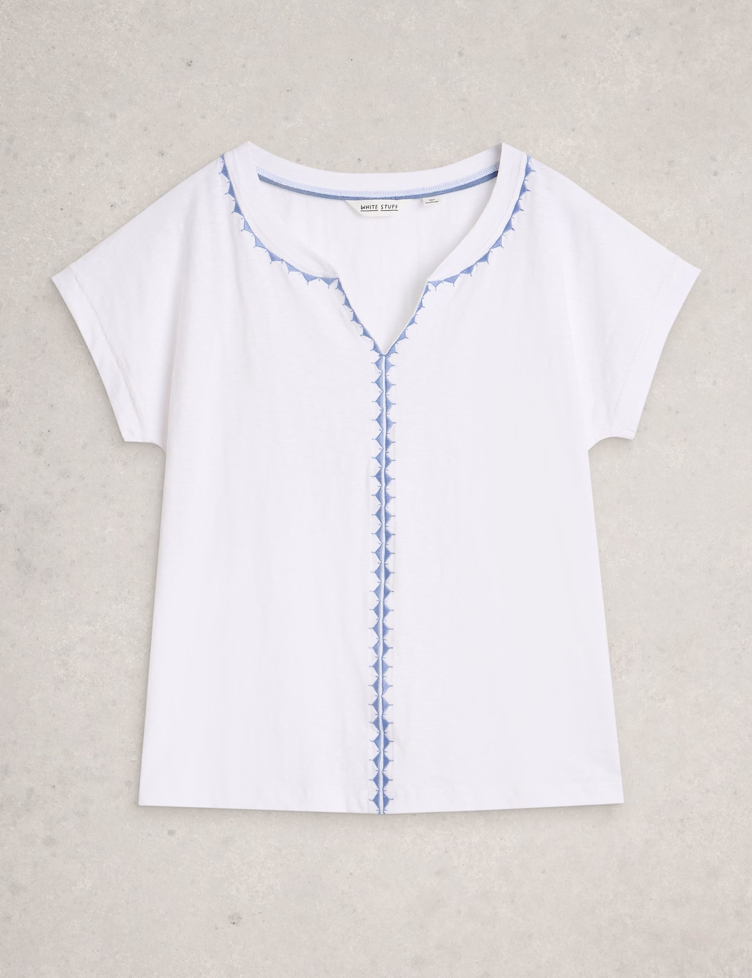 Nelly Plain Pure Cotton Embroidered Notch Neck Tee 2 of 6