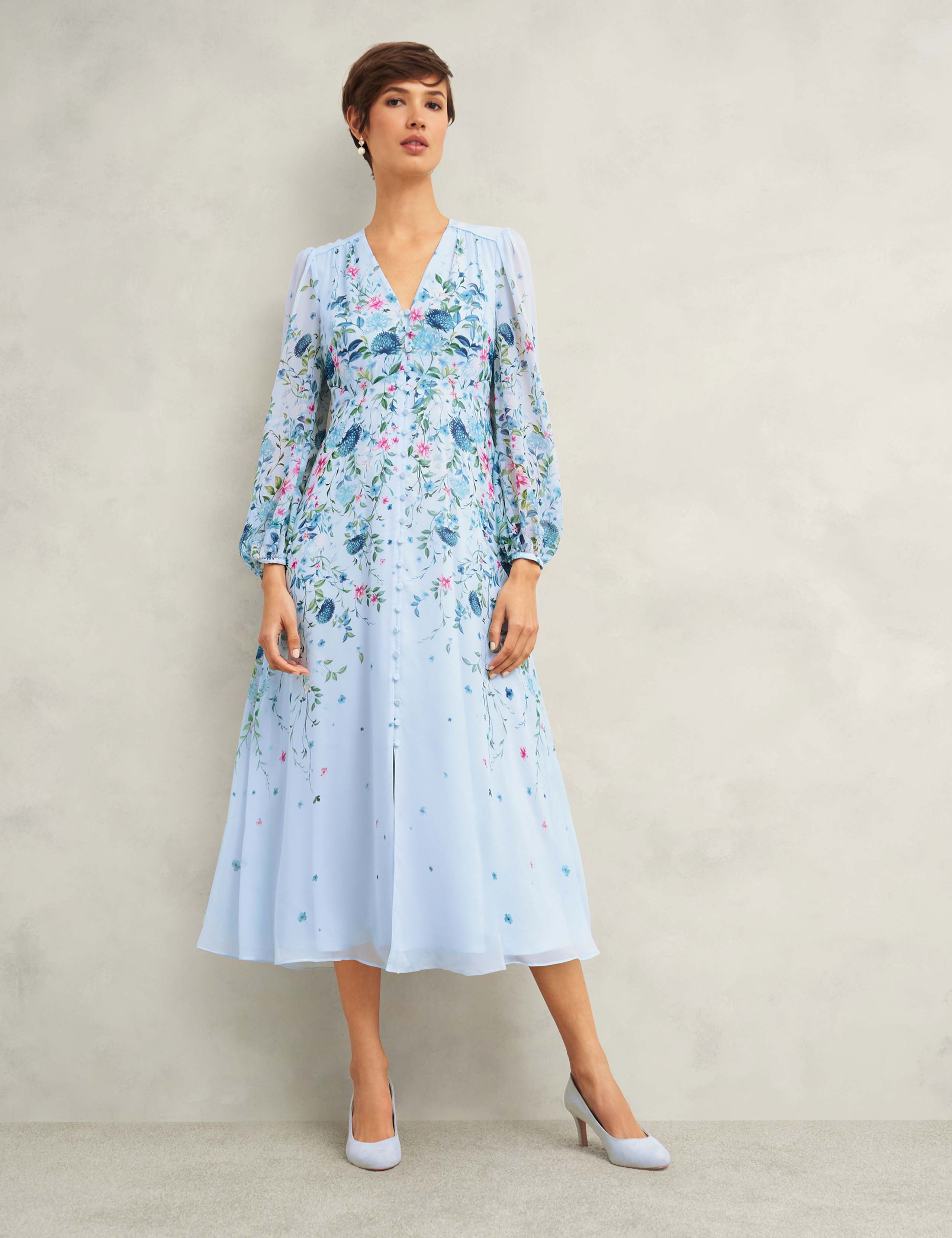 Pure Silk Floral V-Neck Midi Skater Dress 1 of 6
