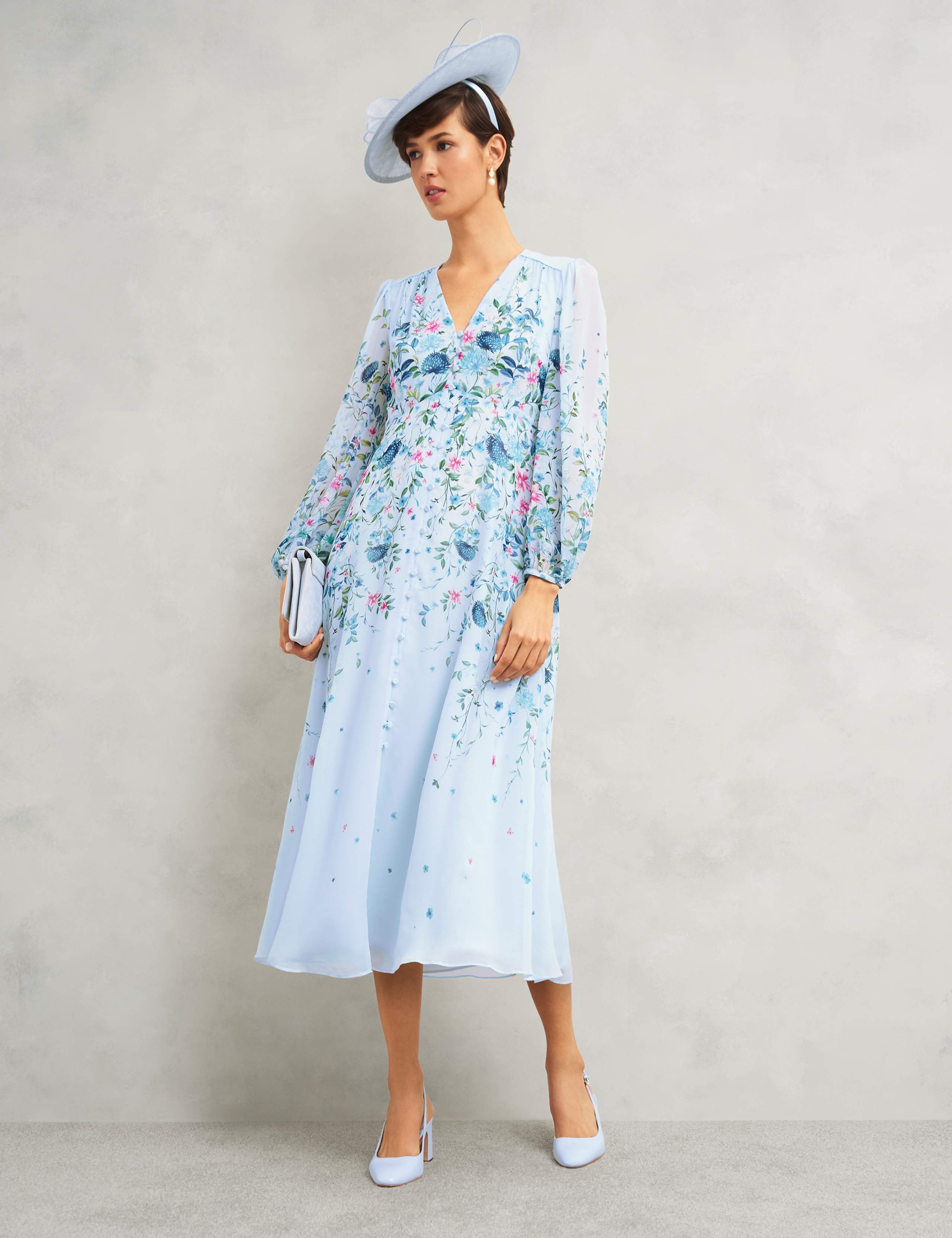 Pure Silk Floral V-Neck Midi Skater Dress 3 of 6