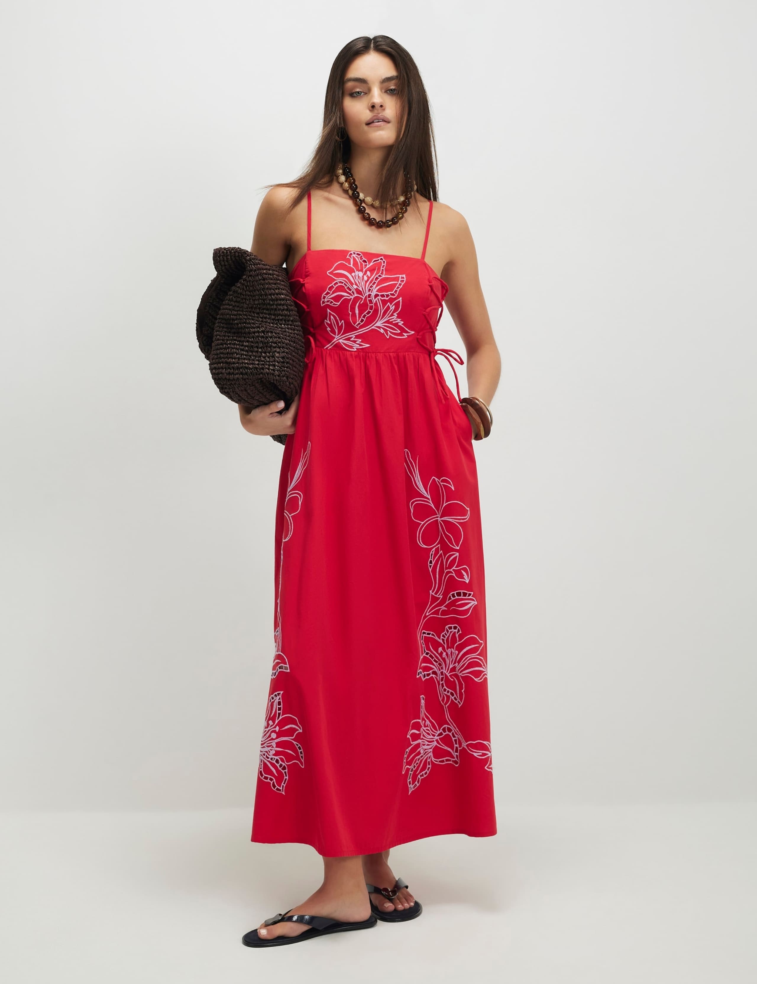 Pure Cotton Embroidered Midaxi Waisted Dress 1 of 4