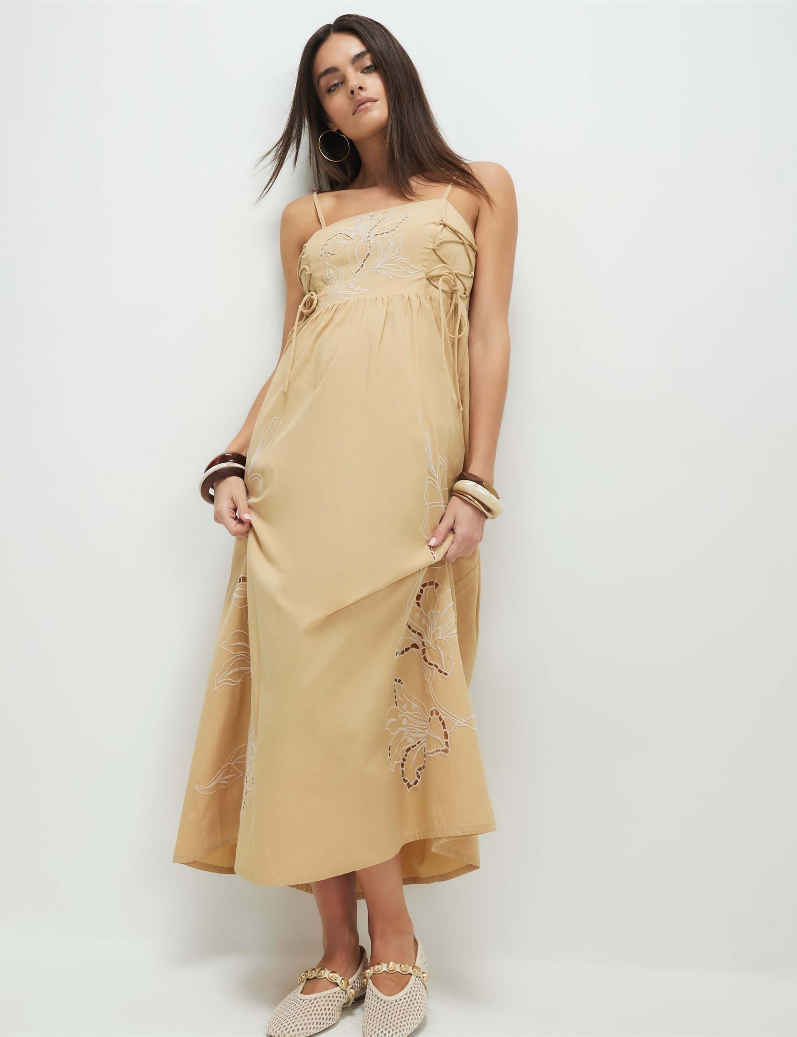 Pure Cotton Embroidered Midaxi Waisted Dress 1 of 4