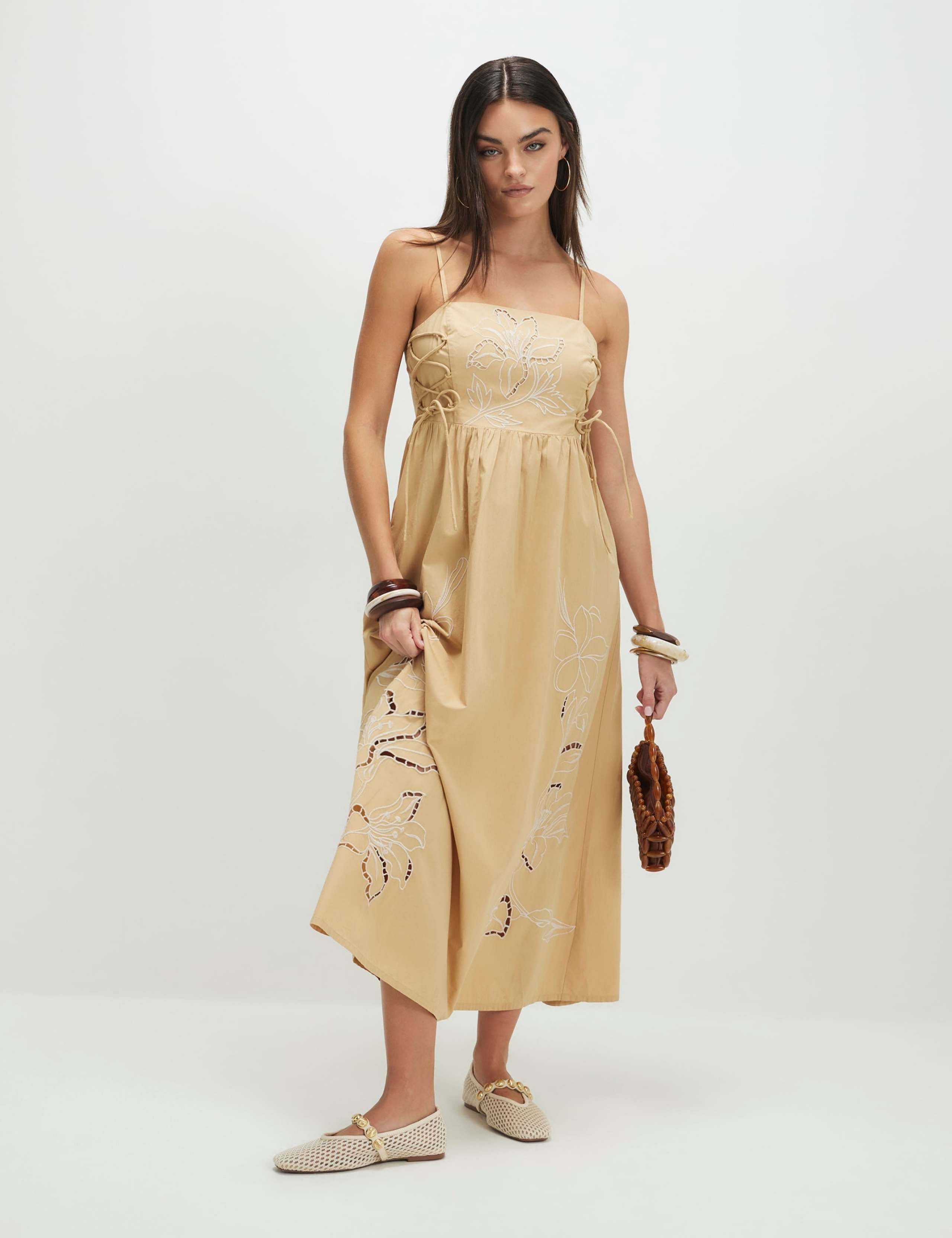 Pure Cotton Embroidered Midaxi Waisted Dress 2 of 4