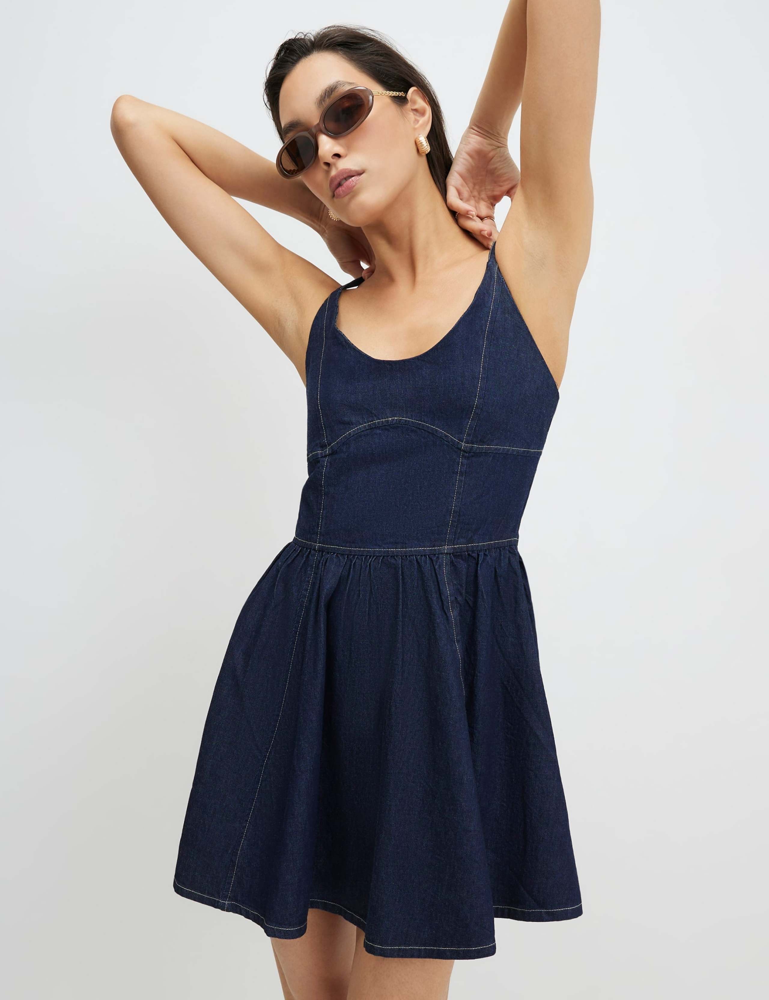 Denim Scoop Neck Mini Skater Dress 2 of 4