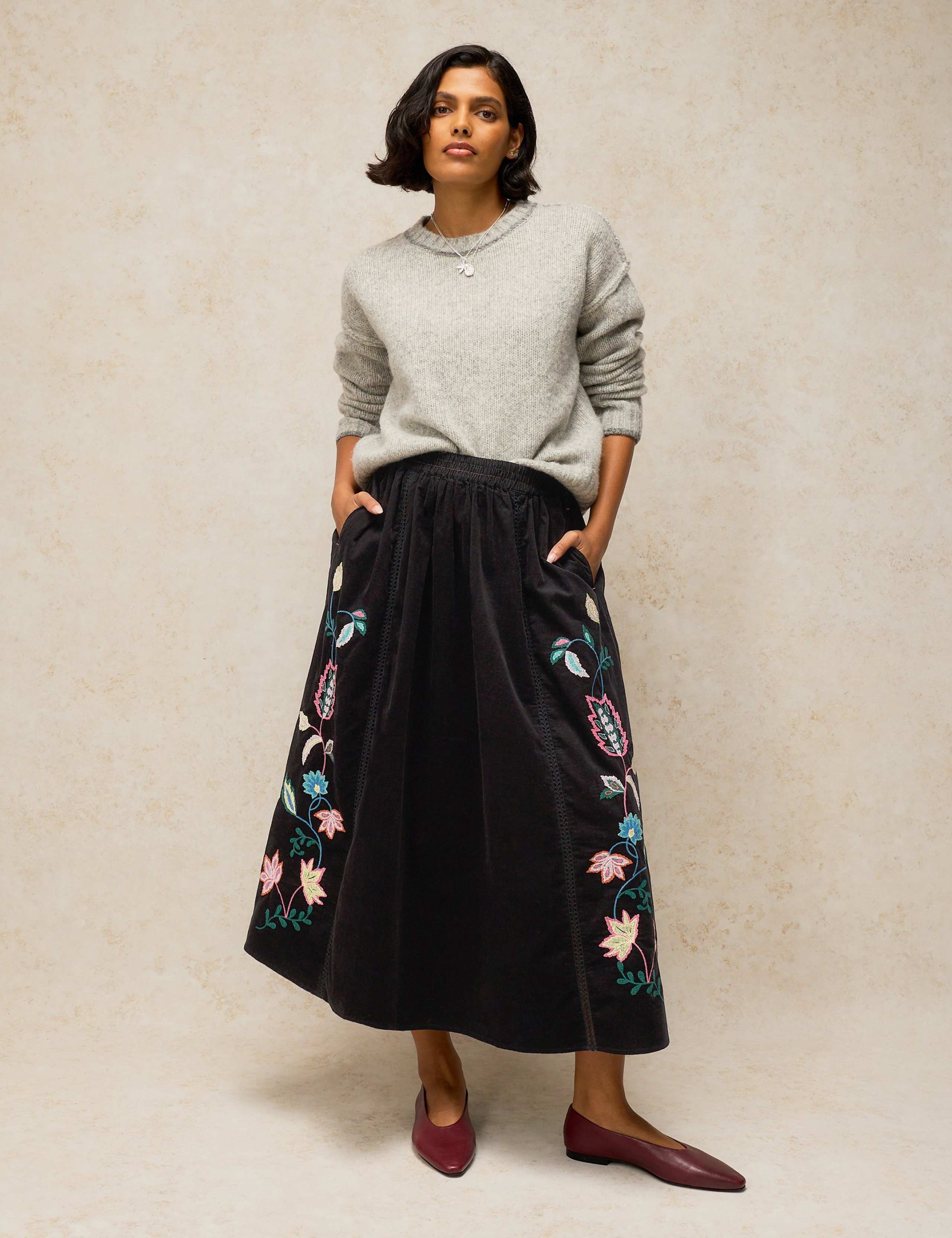 Corduroy Embroidered Midaxi A-Line Skirt 3 of 7