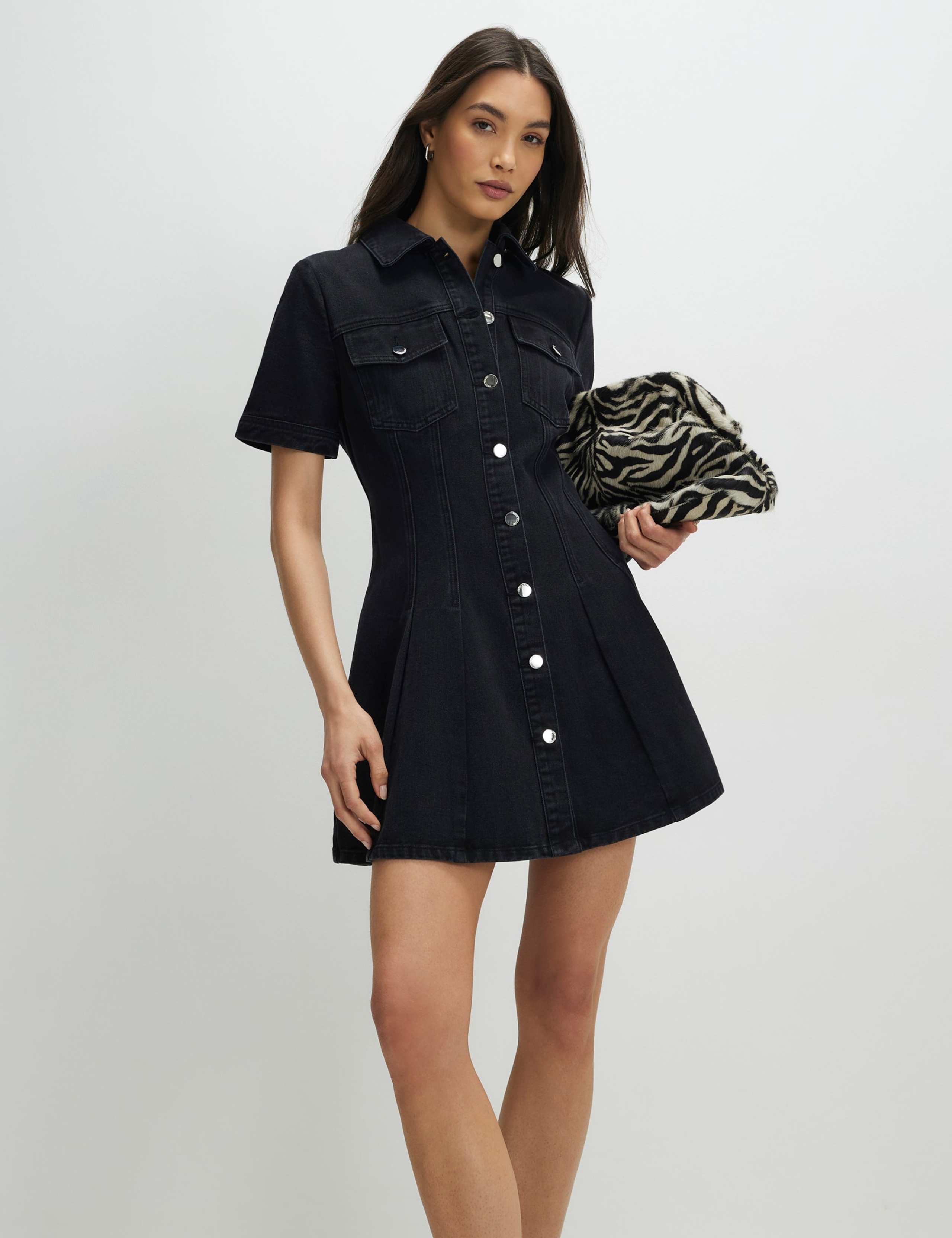 Denim Collared Pleat Front Mini Shirt Dress 1 of 4
