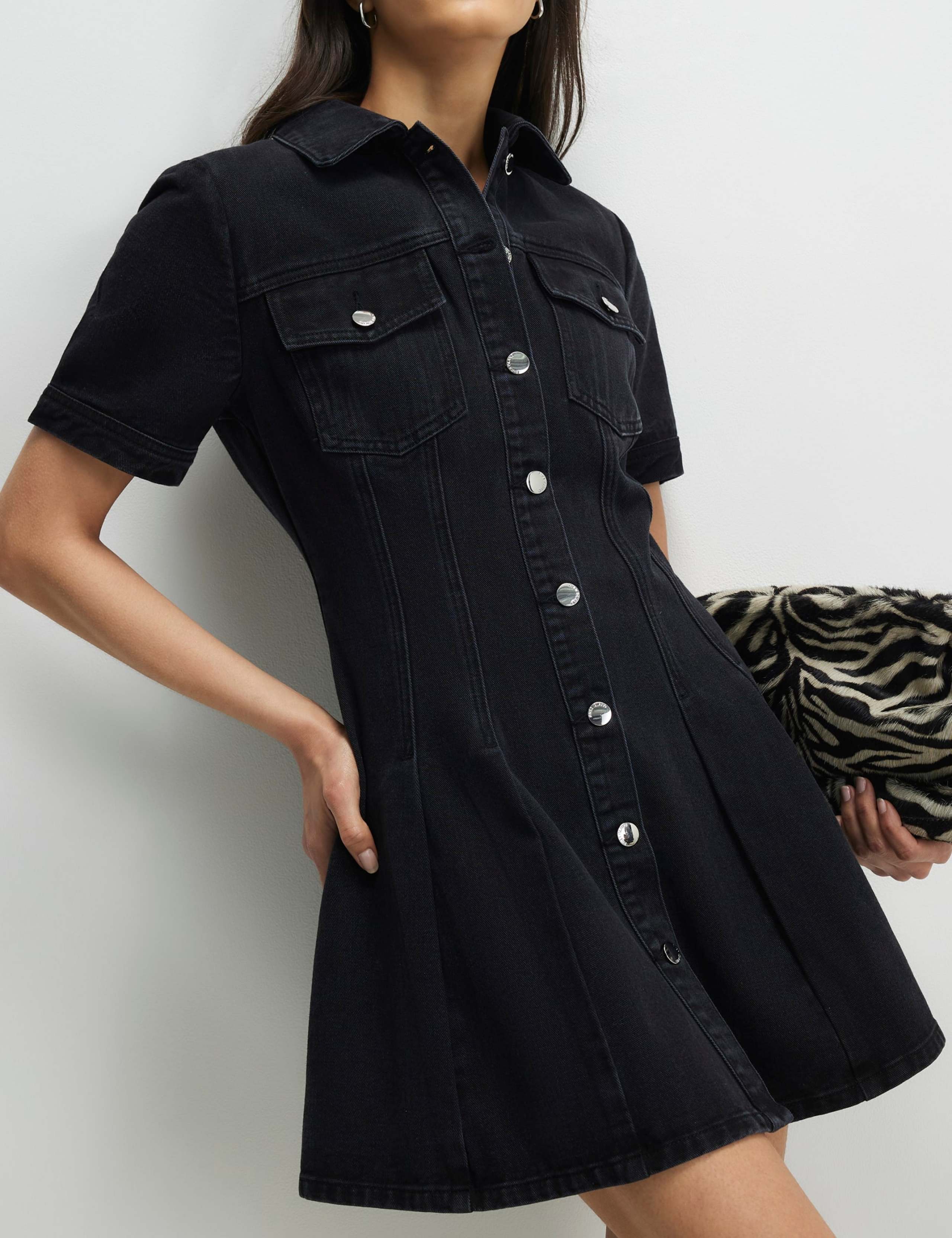 Denim Collared Pleat Front Mini Shirt Dress 3 of 4