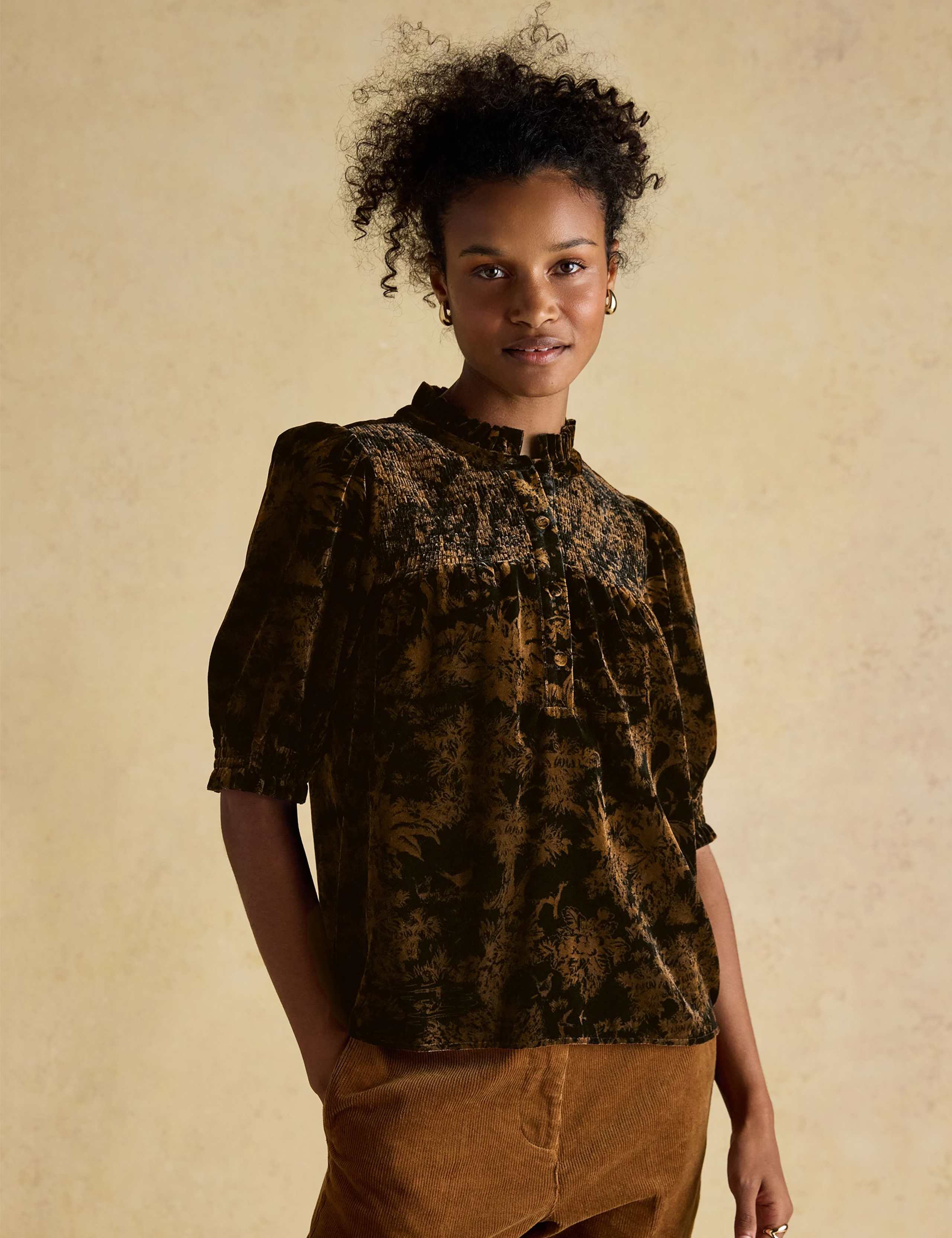 Velvet Printed Shirred High Neck Blouse 1 of 8