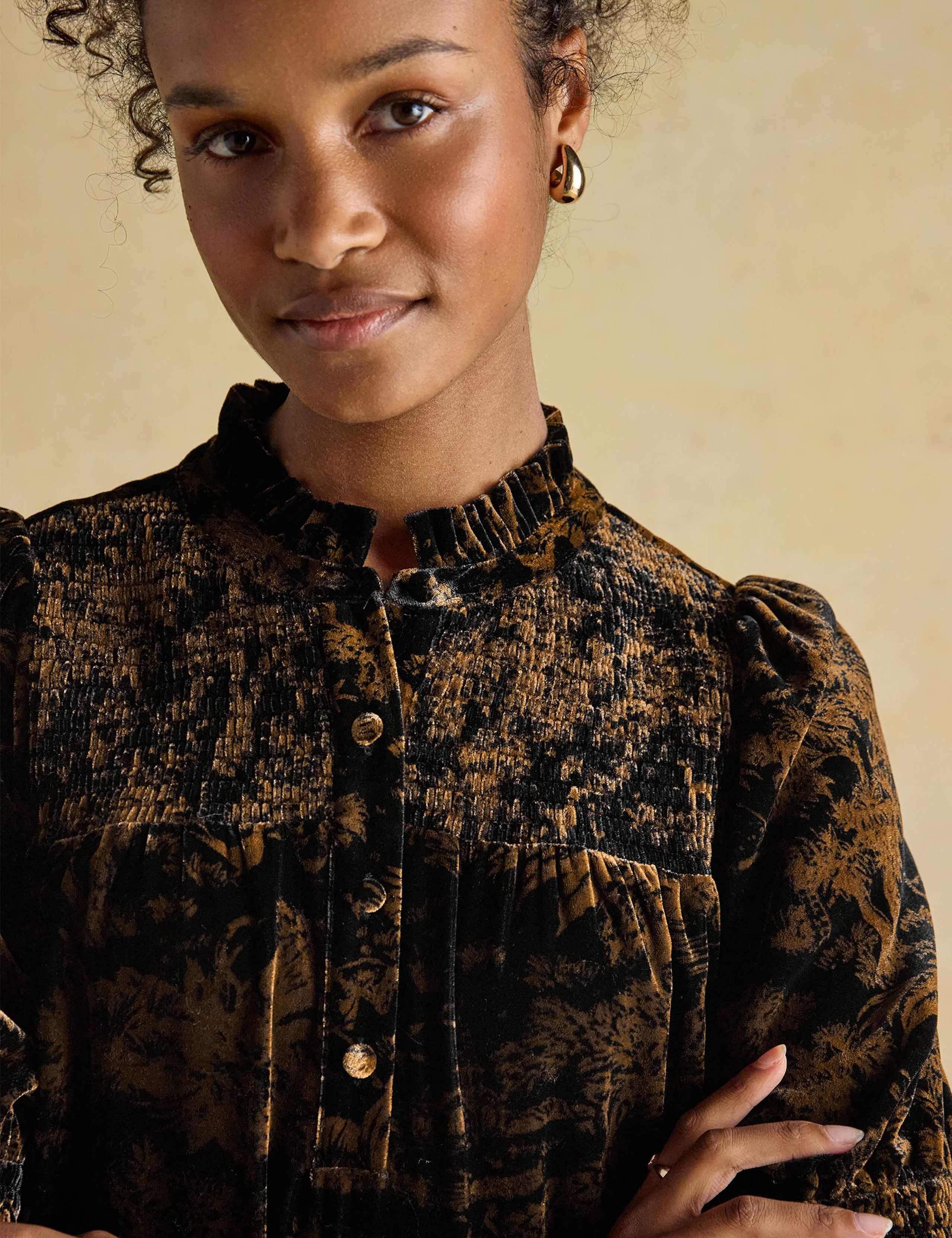 Velvet Printed Shirred High Neck Blouse 4 of 8