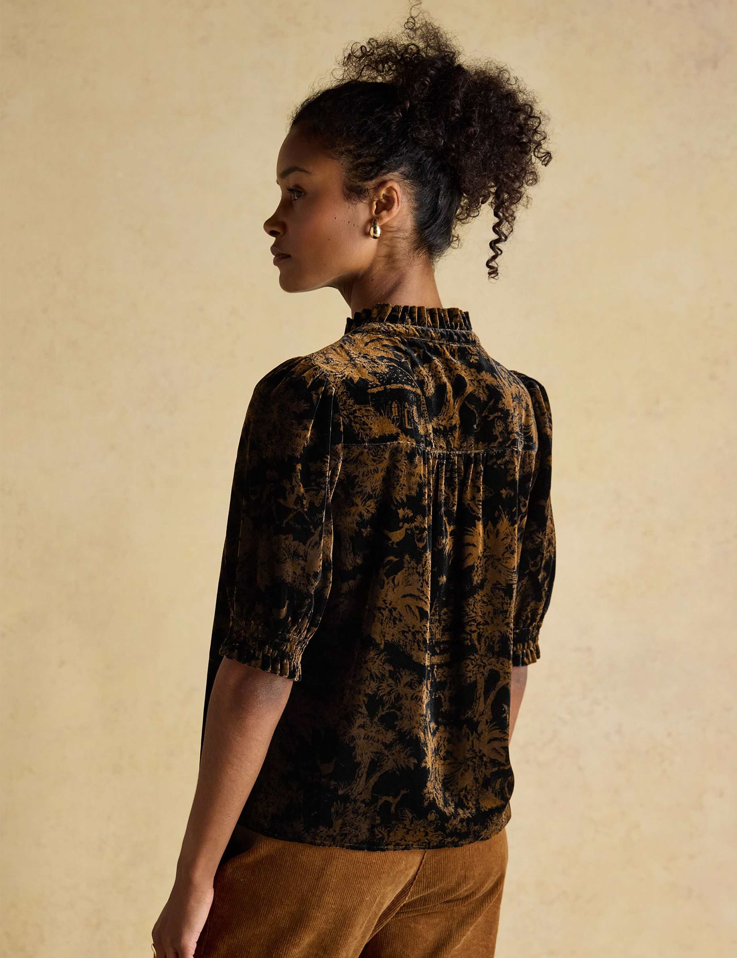 Velvet Printed Shirred High Neck Blouse 7 of 8