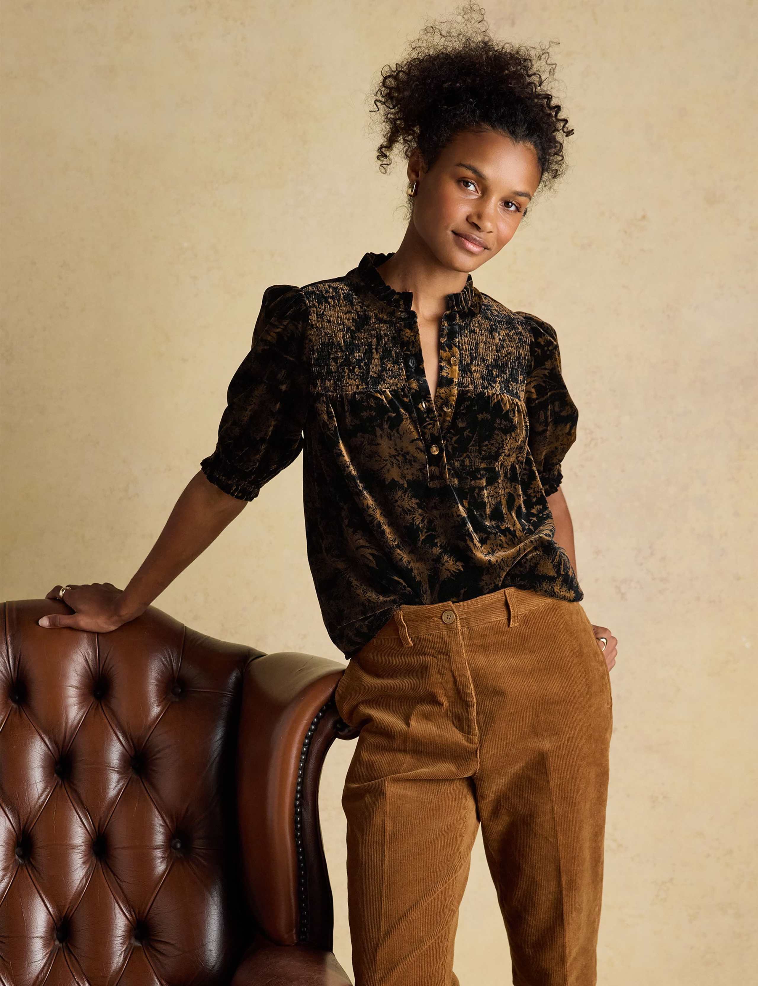 Velvet Printed Shirred High Neck Blouse 8 of 8