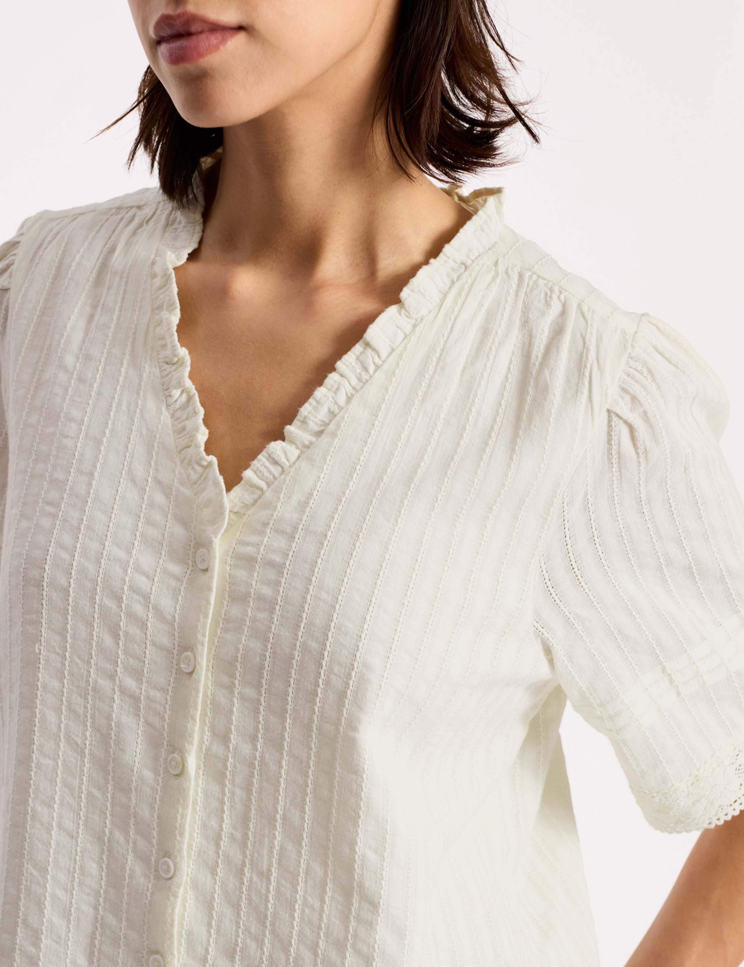 Pure Cotton Textured V-Neck Frill Detail Top 4 of 4