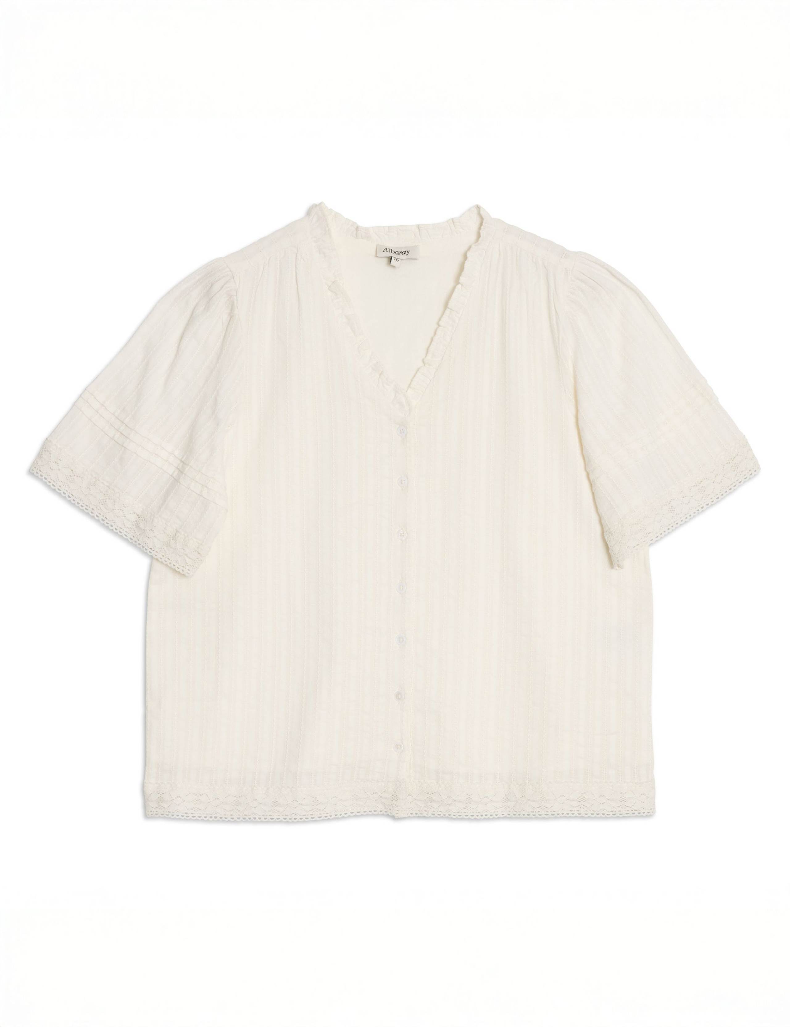 Pure Cotton Textured V-Neck Frill Detail Top 2 of 4