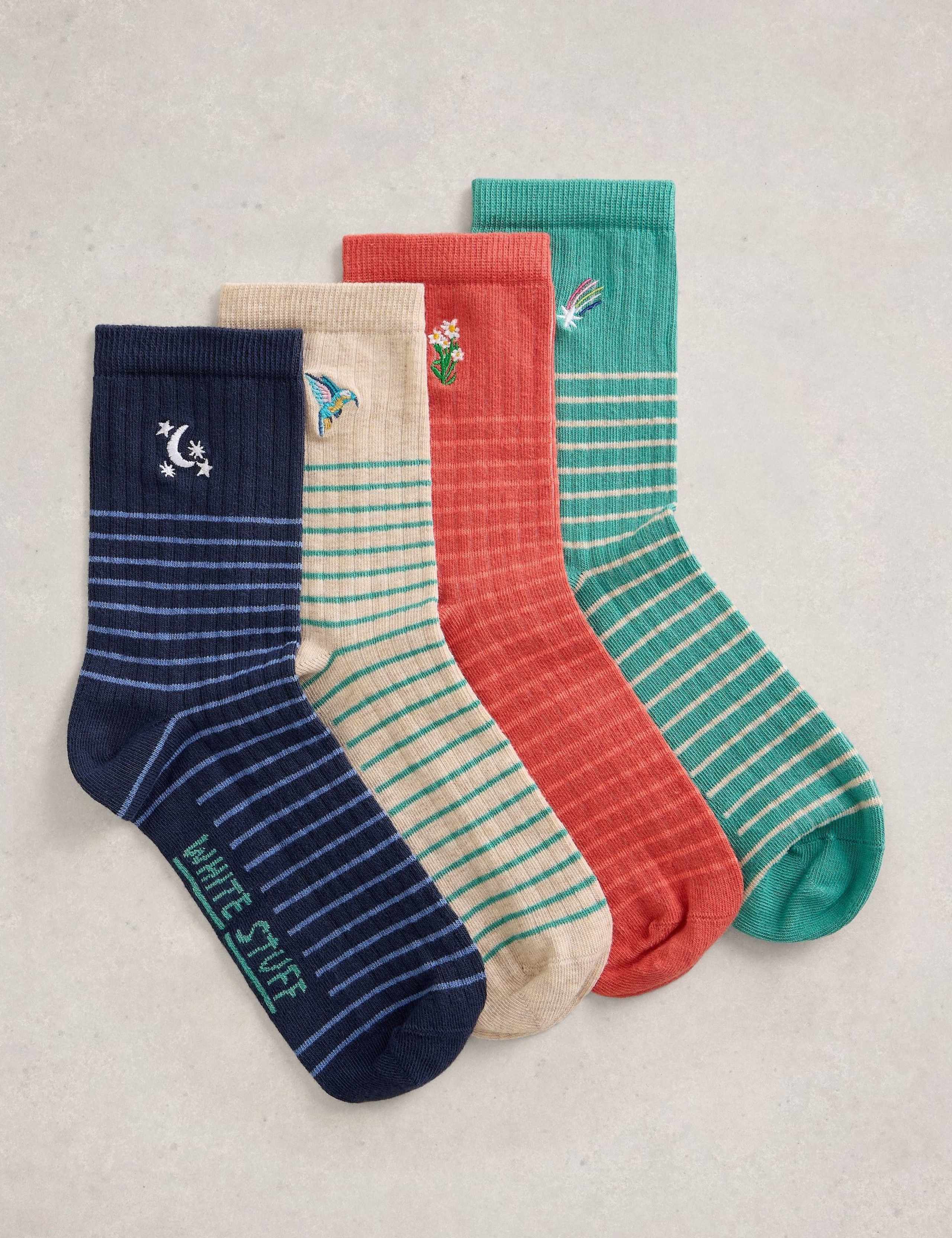 4 Pack Cotton Rich Embroidered Ankle High Socks 4 of 4