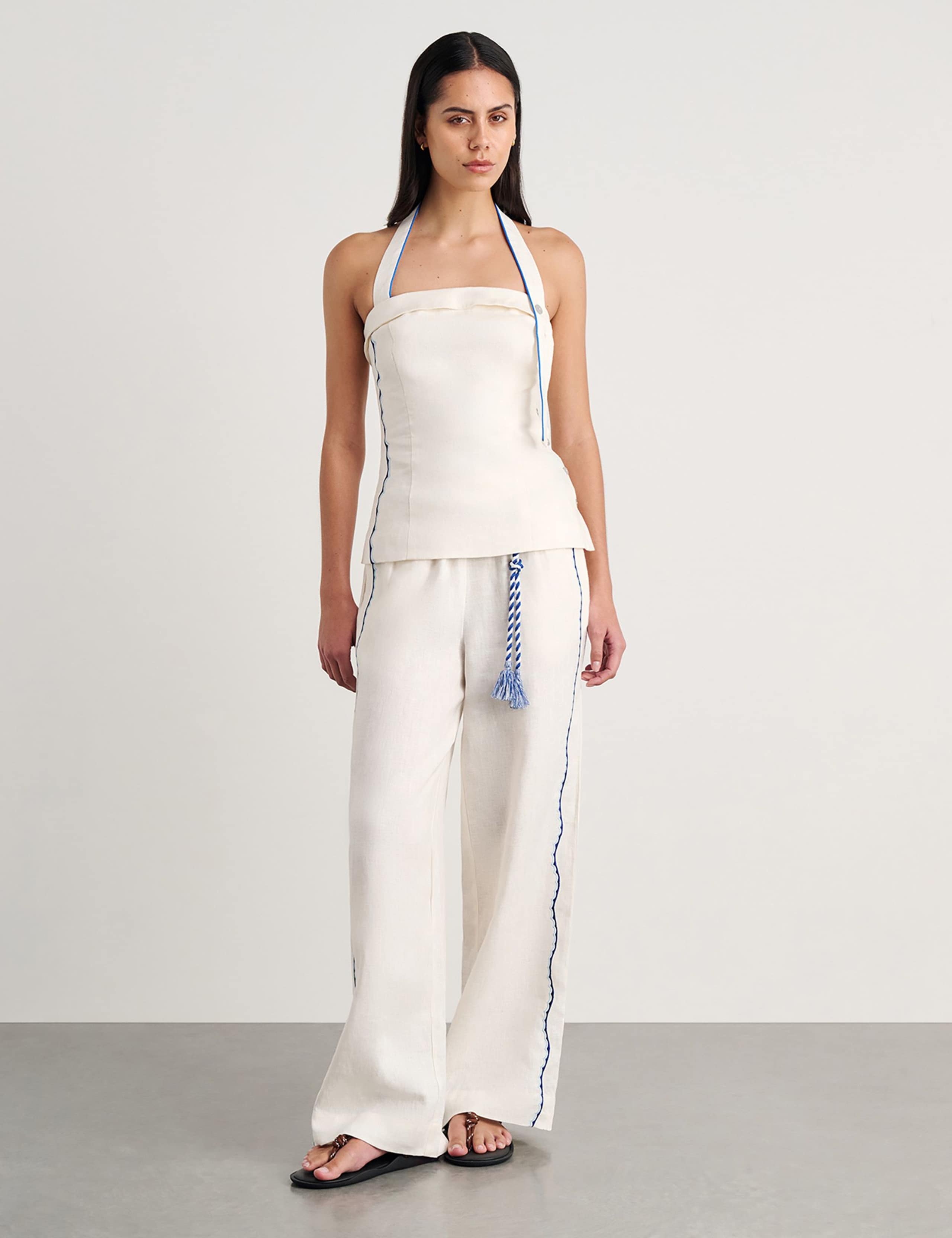 Pure Linen Embroidered Straight Leg Trousers 3 of 6