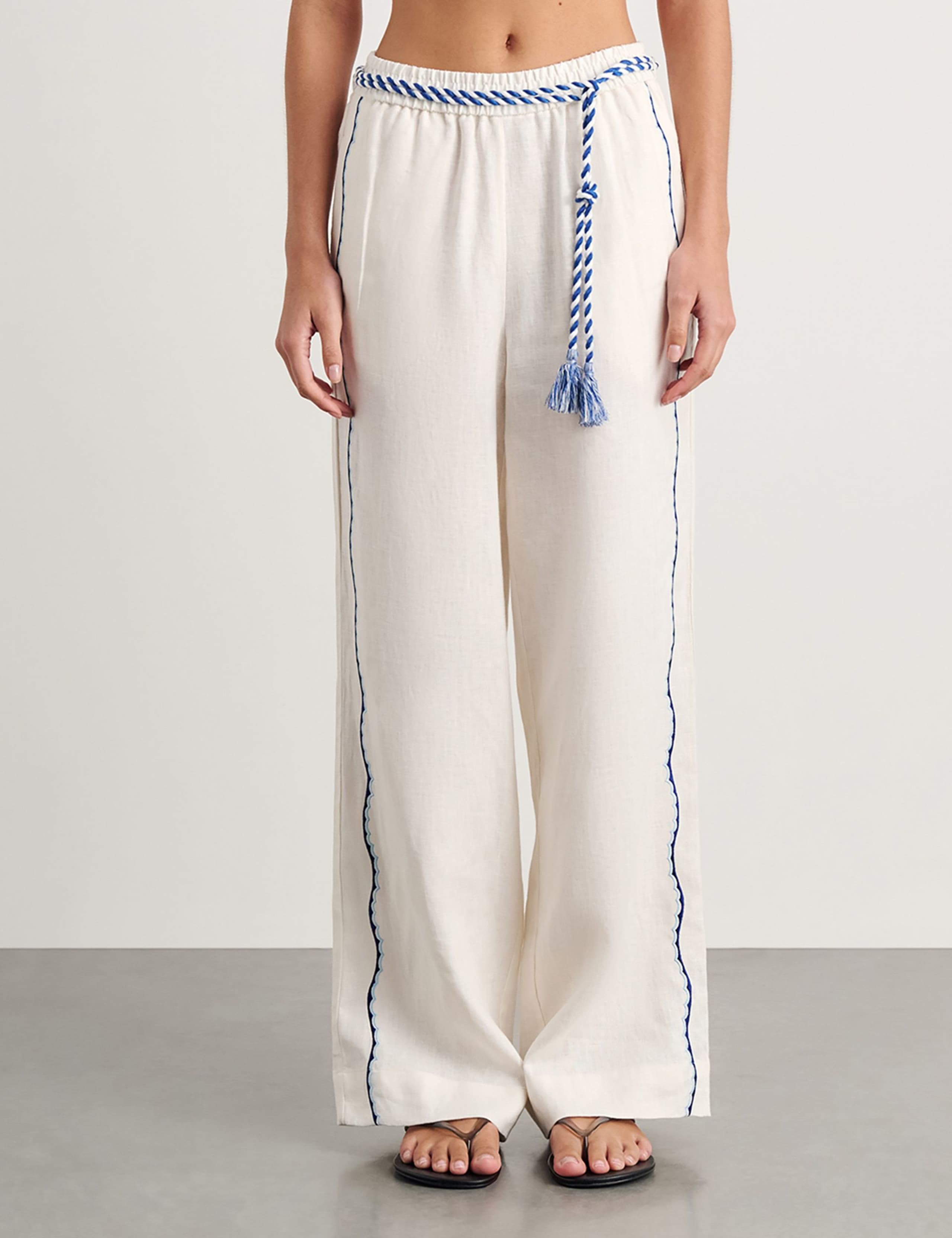 Pure Linen Embroidered Straight Leg Trousers 4 of 6