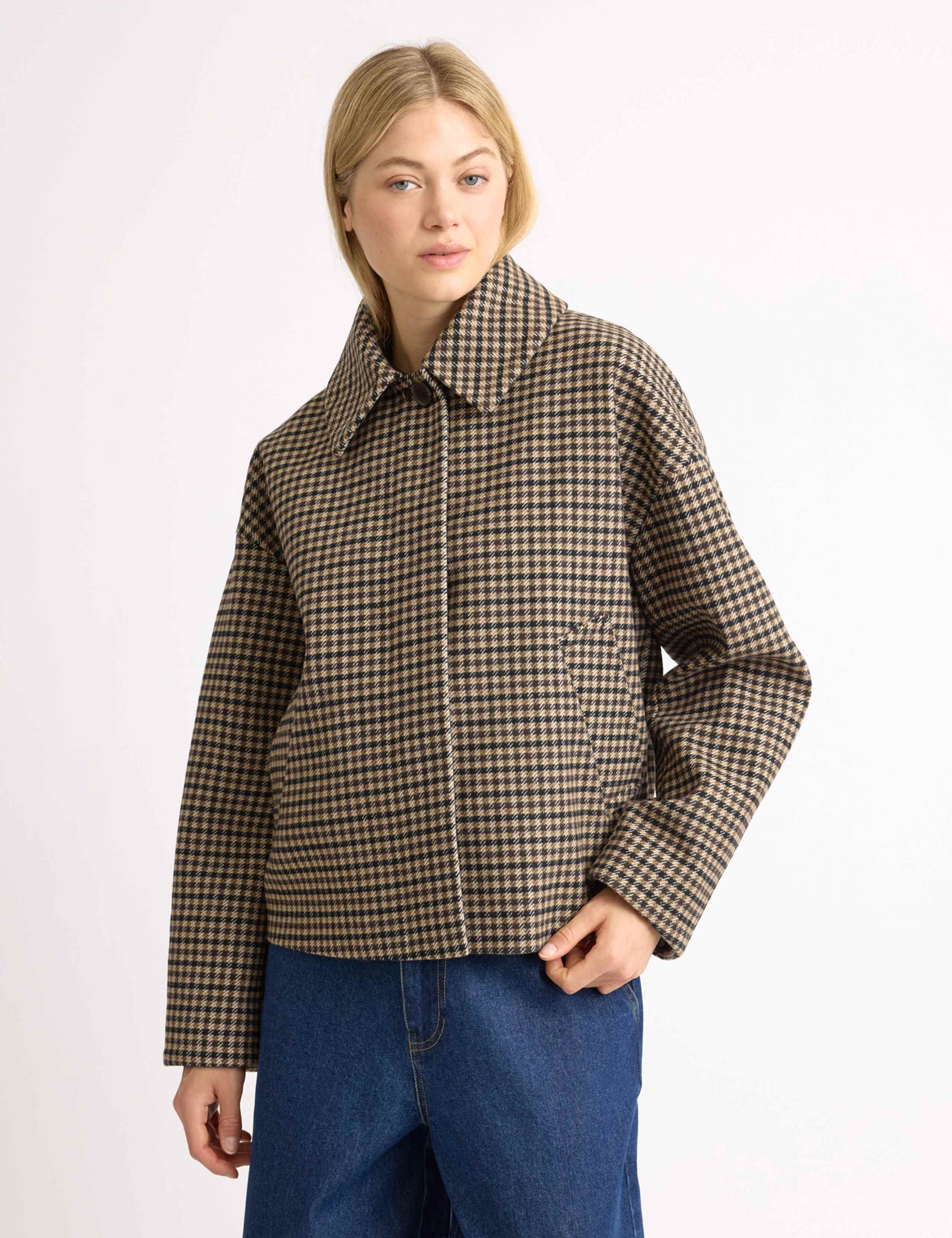 Wool Blend Checked Faux Fur Collar Jacket 3 of 7