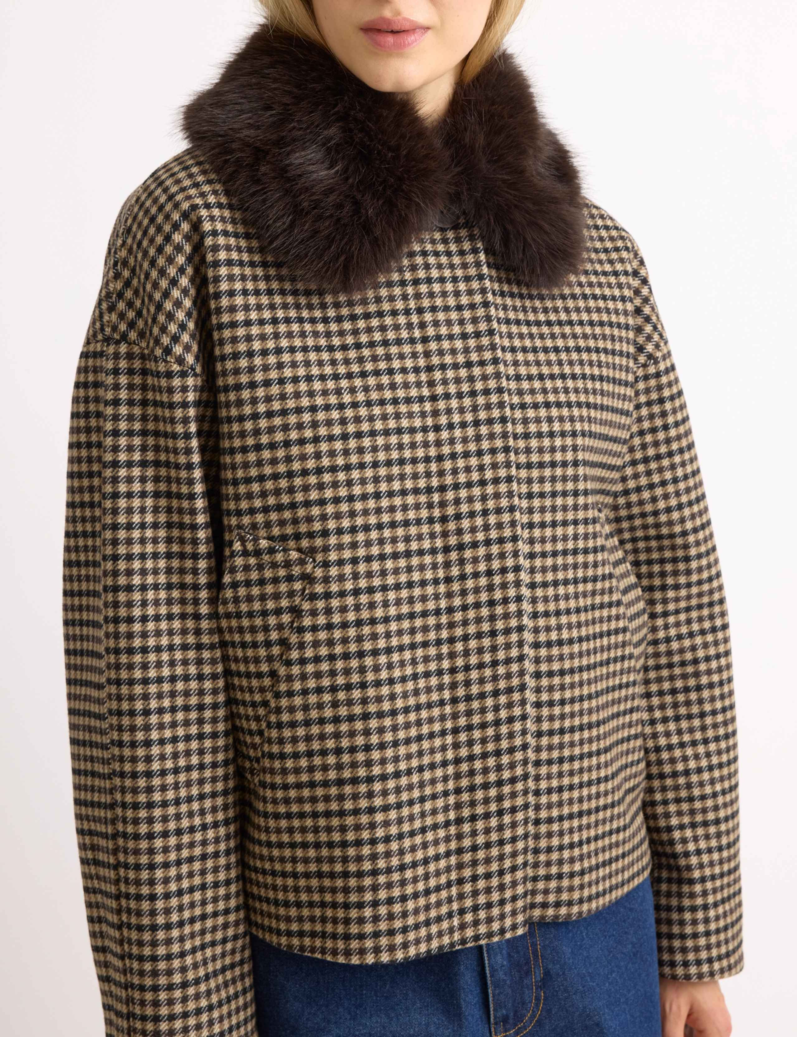 Wool Blend Checked Faux Fur Collar Jacket 4 of 7