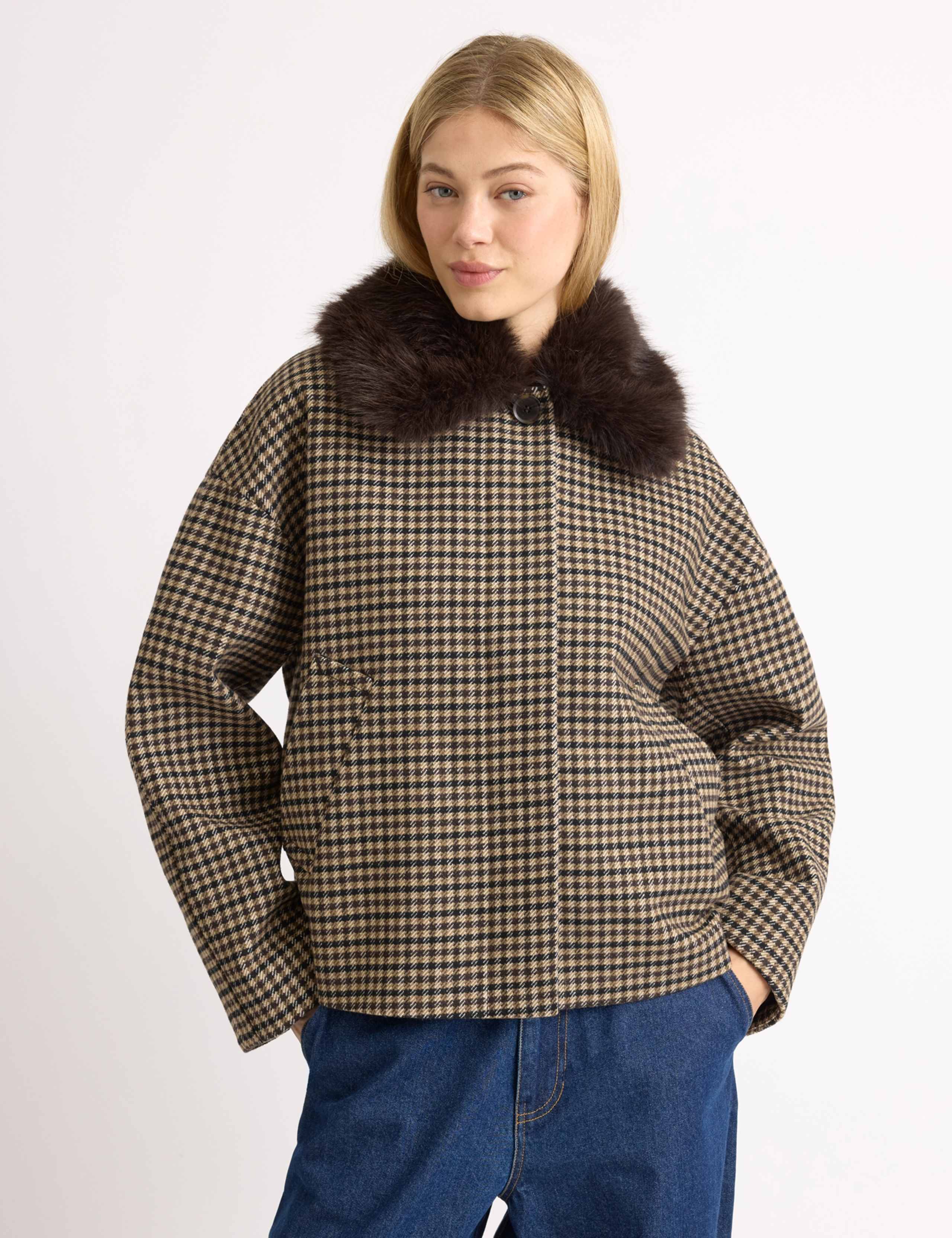 Wool Blend Checked Faux Fur Collar Jacket 5 of 7