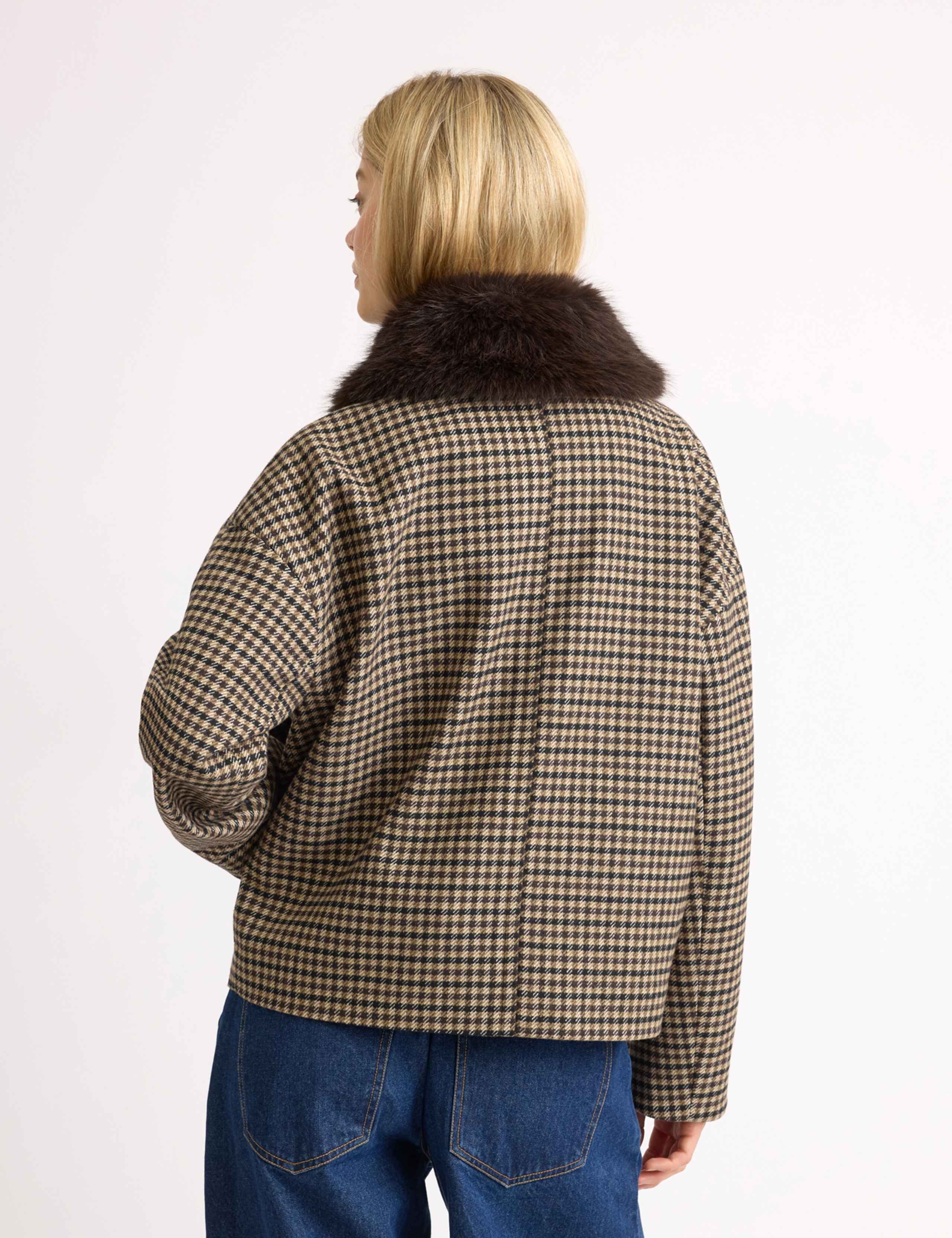 Wool Blend Checked Faux Fur Collar Jacket 6 of 7