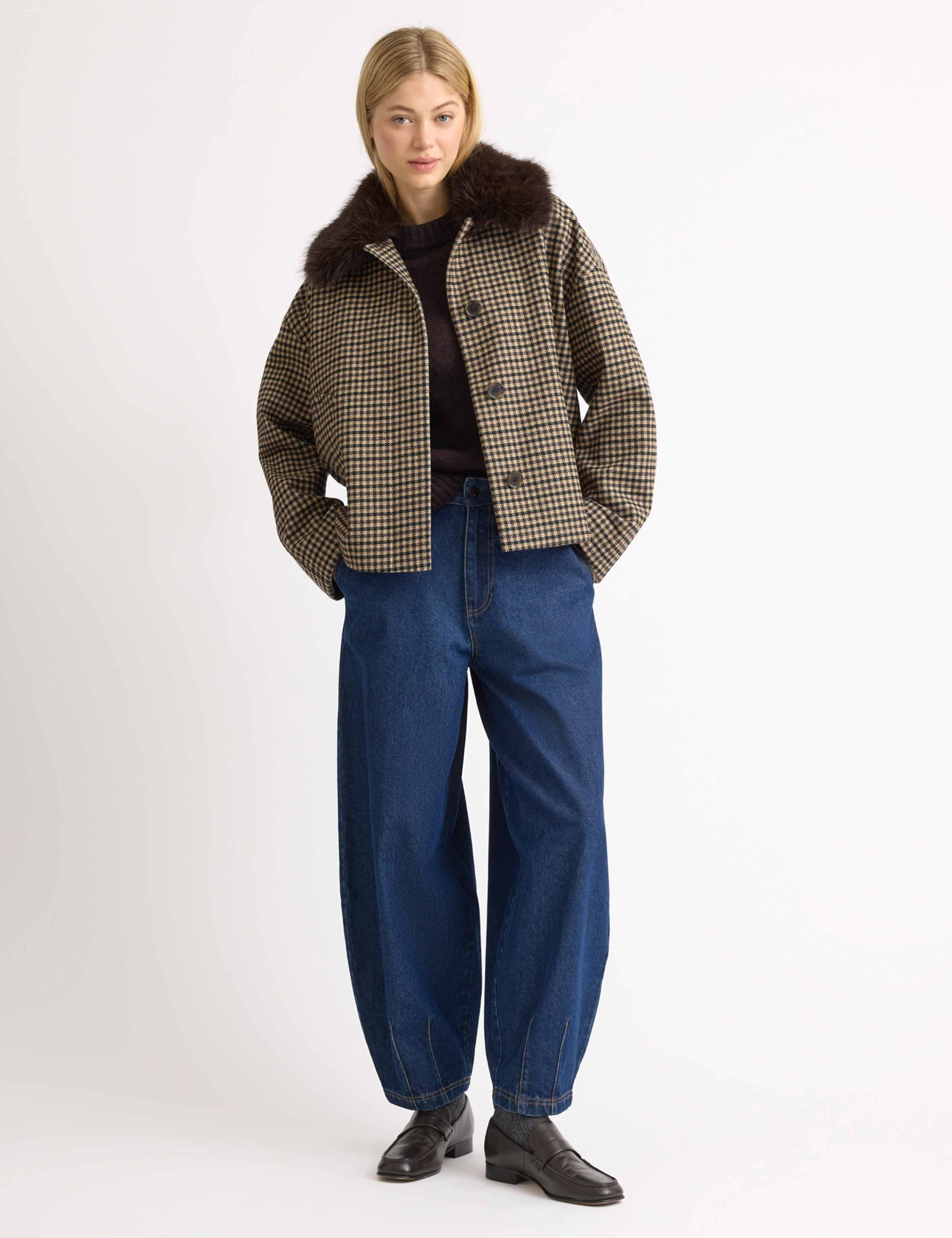 Wool Blend Checked Faux Fur Collar Jacket 7 of 7