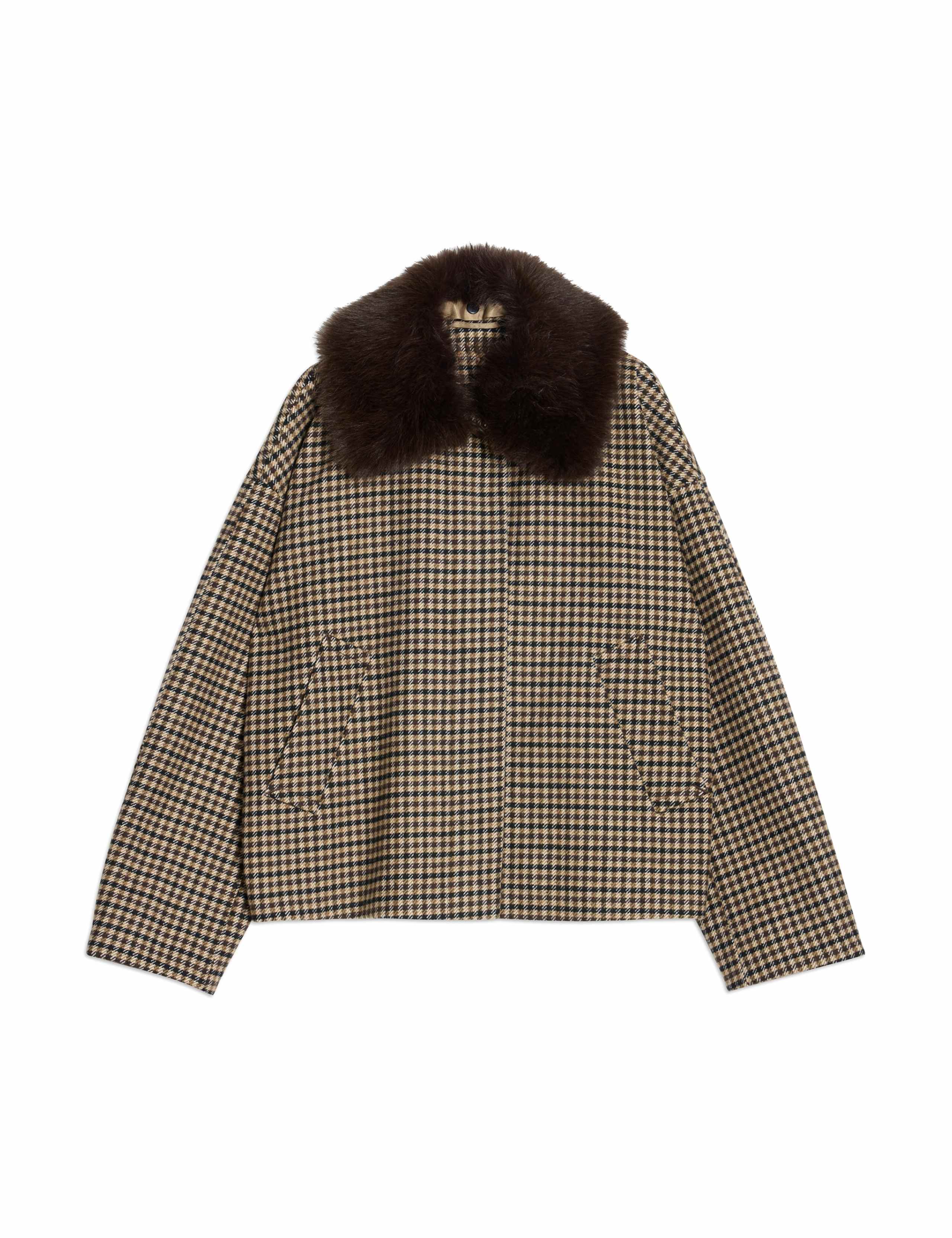 Wool Blend Checked Faux Fur Collar Jacket 2 of 7