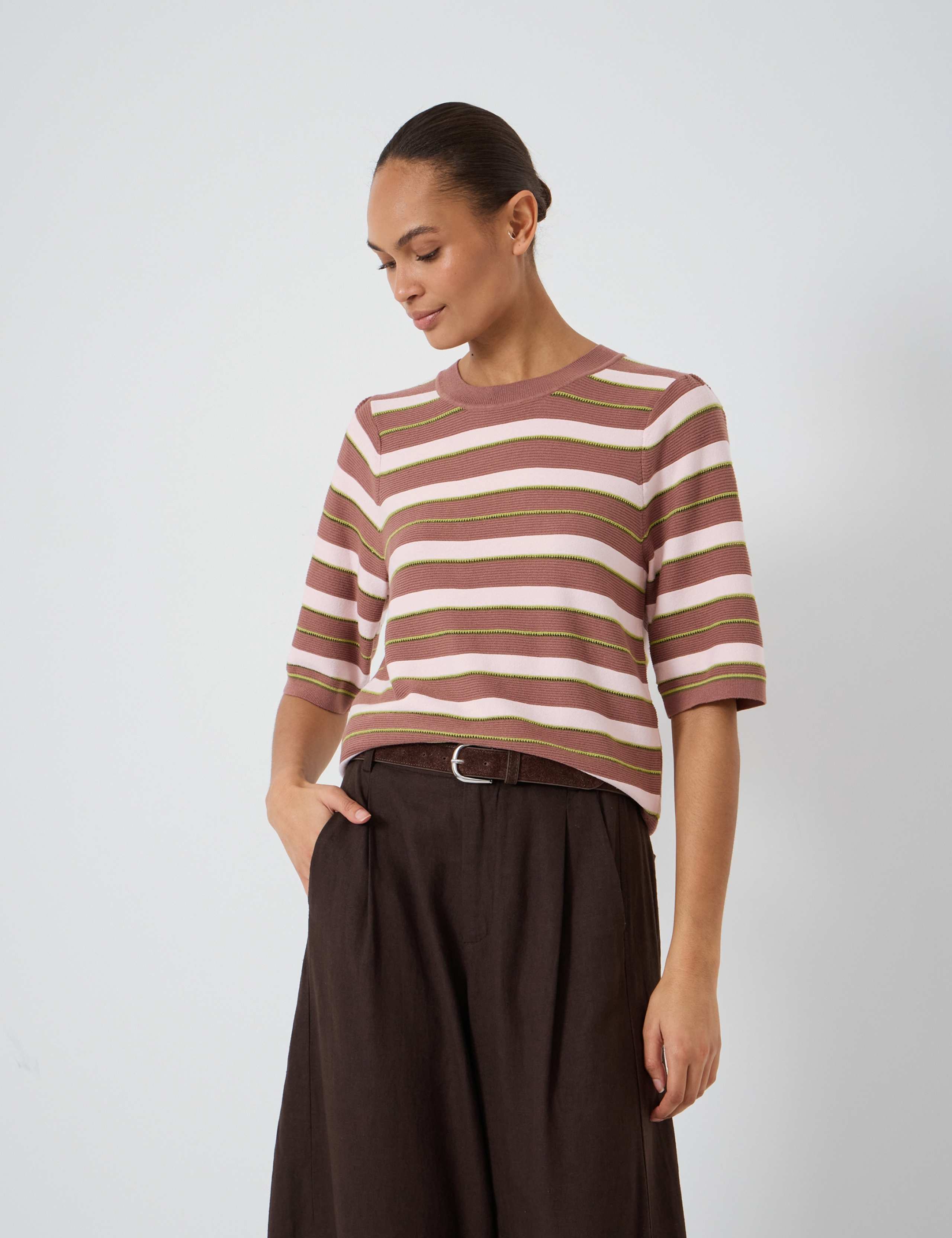Striped Gathered Knitted T-Shirt 1 of 5