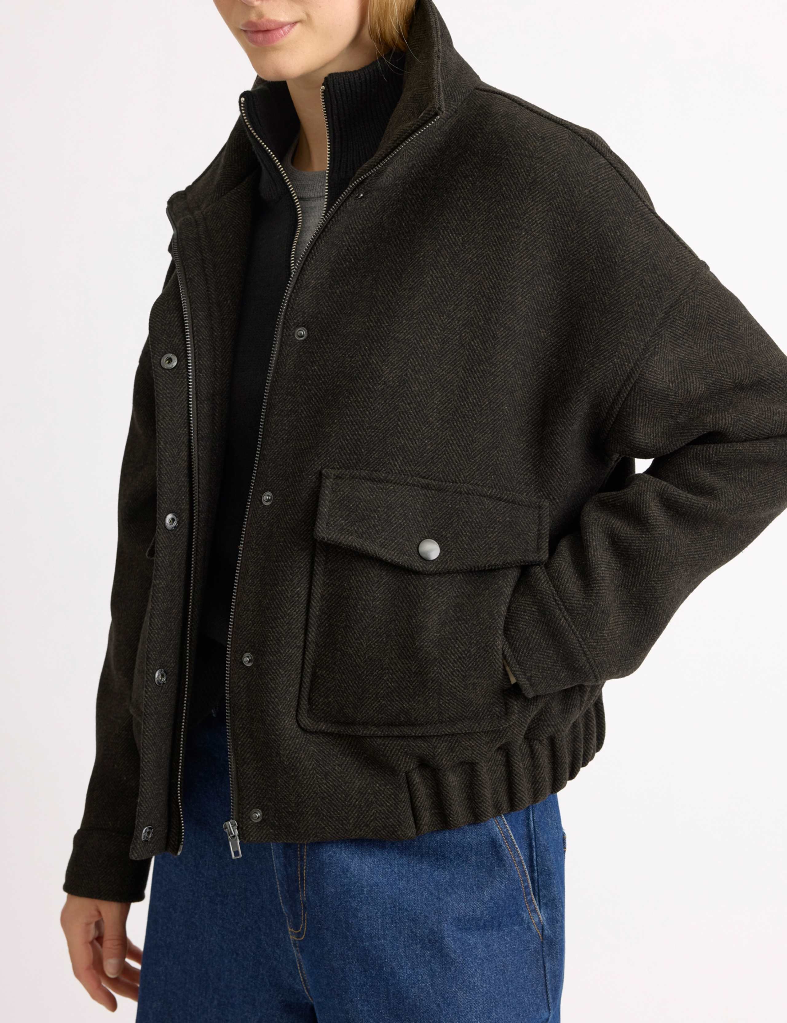 Wool Blend Funnel Neck Herringbone Jacket 3 of 6