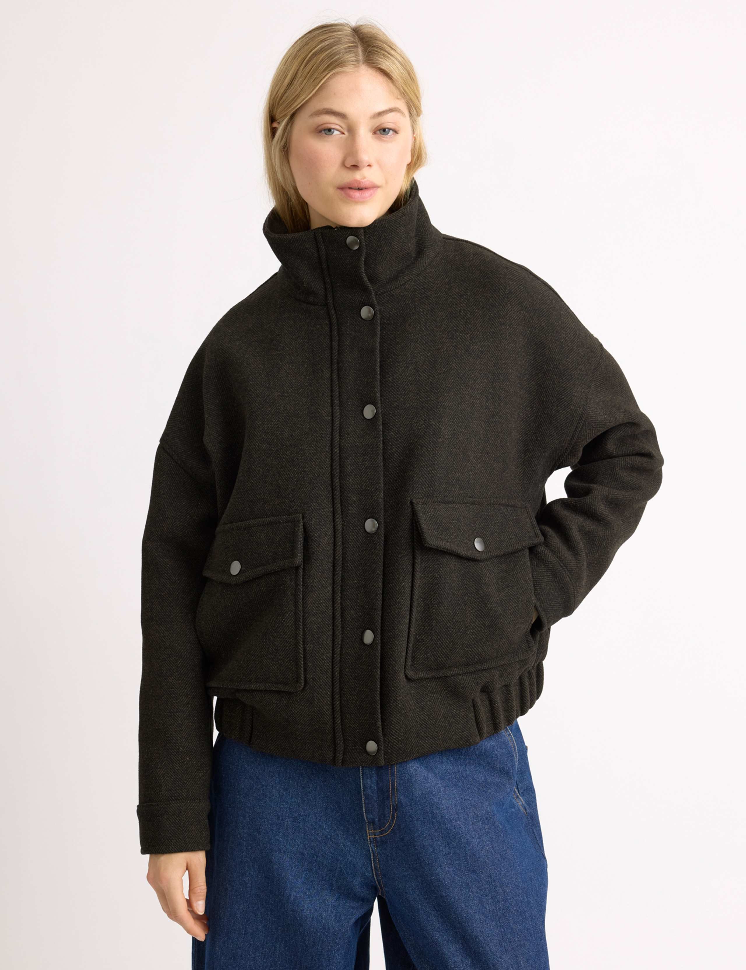 Wool Blend Funnel Neck Herringbone Jacket 6 of 6