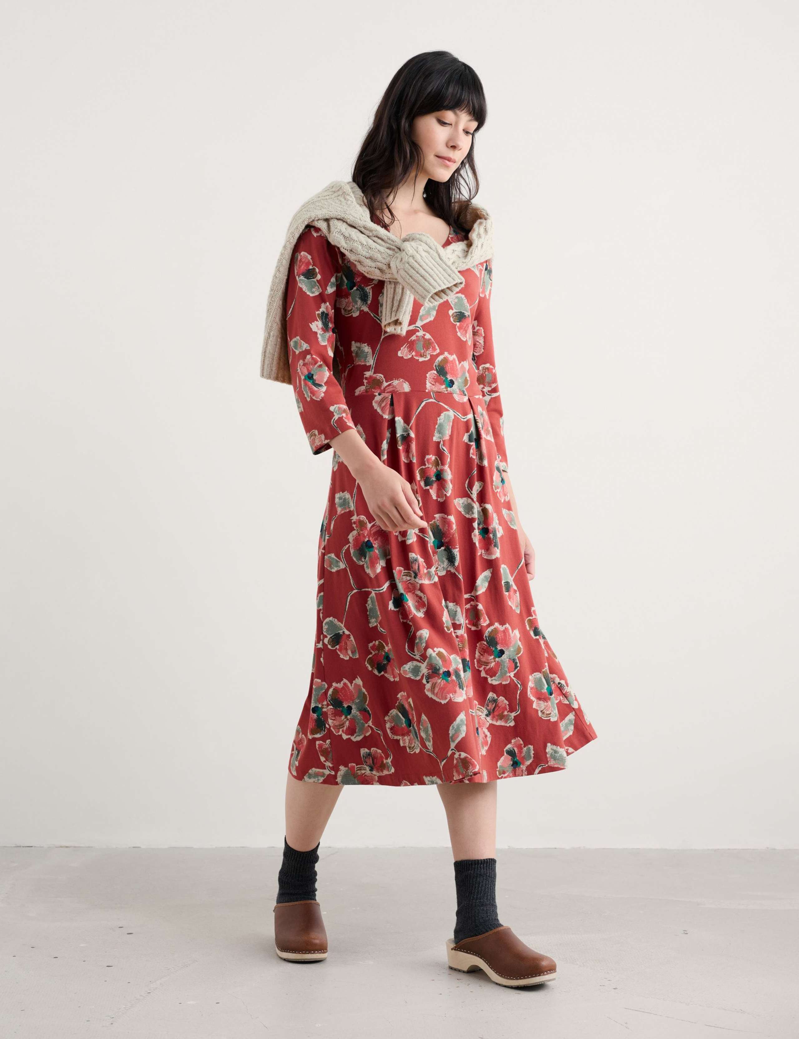Cotton Rich Floral V-Neck Midi Skater Dress 4 of 6
