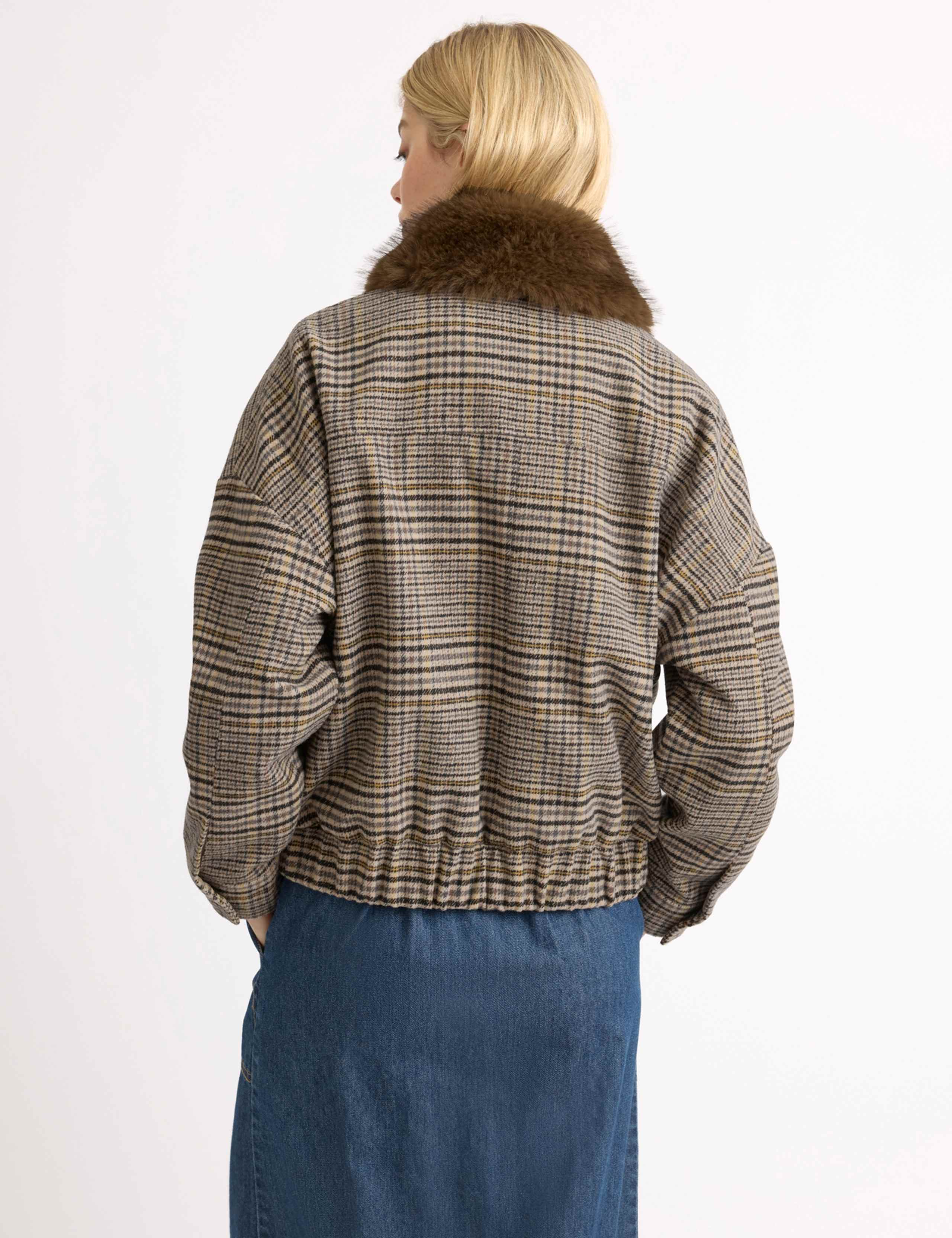 Checked Faux Fur Collar Jacket with Wool 3 of 6