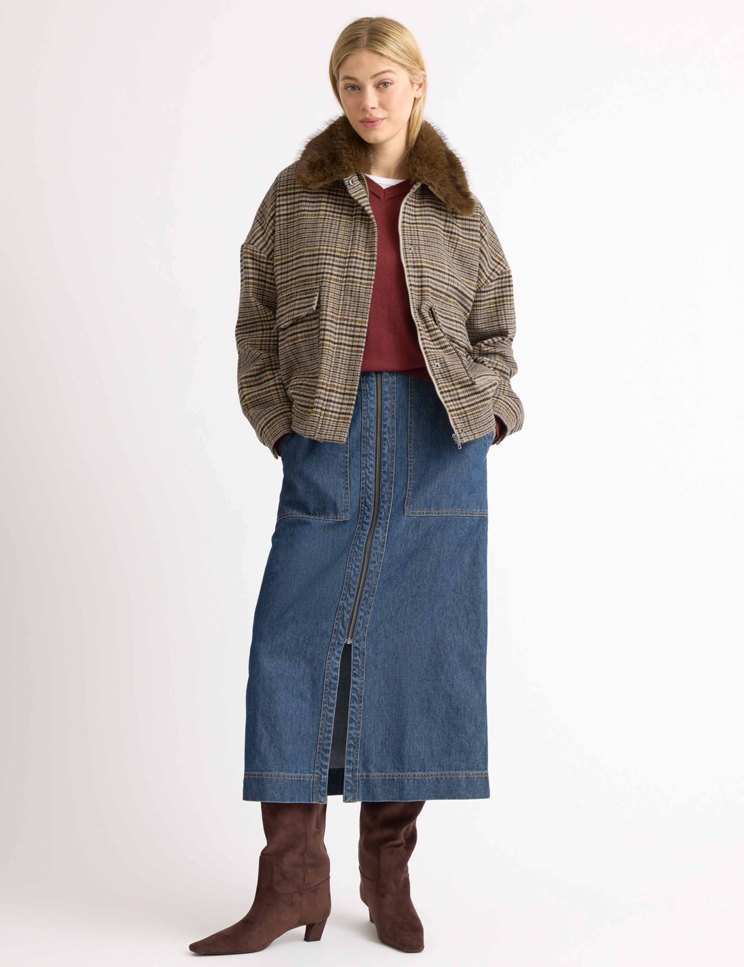 Checked Faux Fur Collar Jacket with Wool 5 of 6