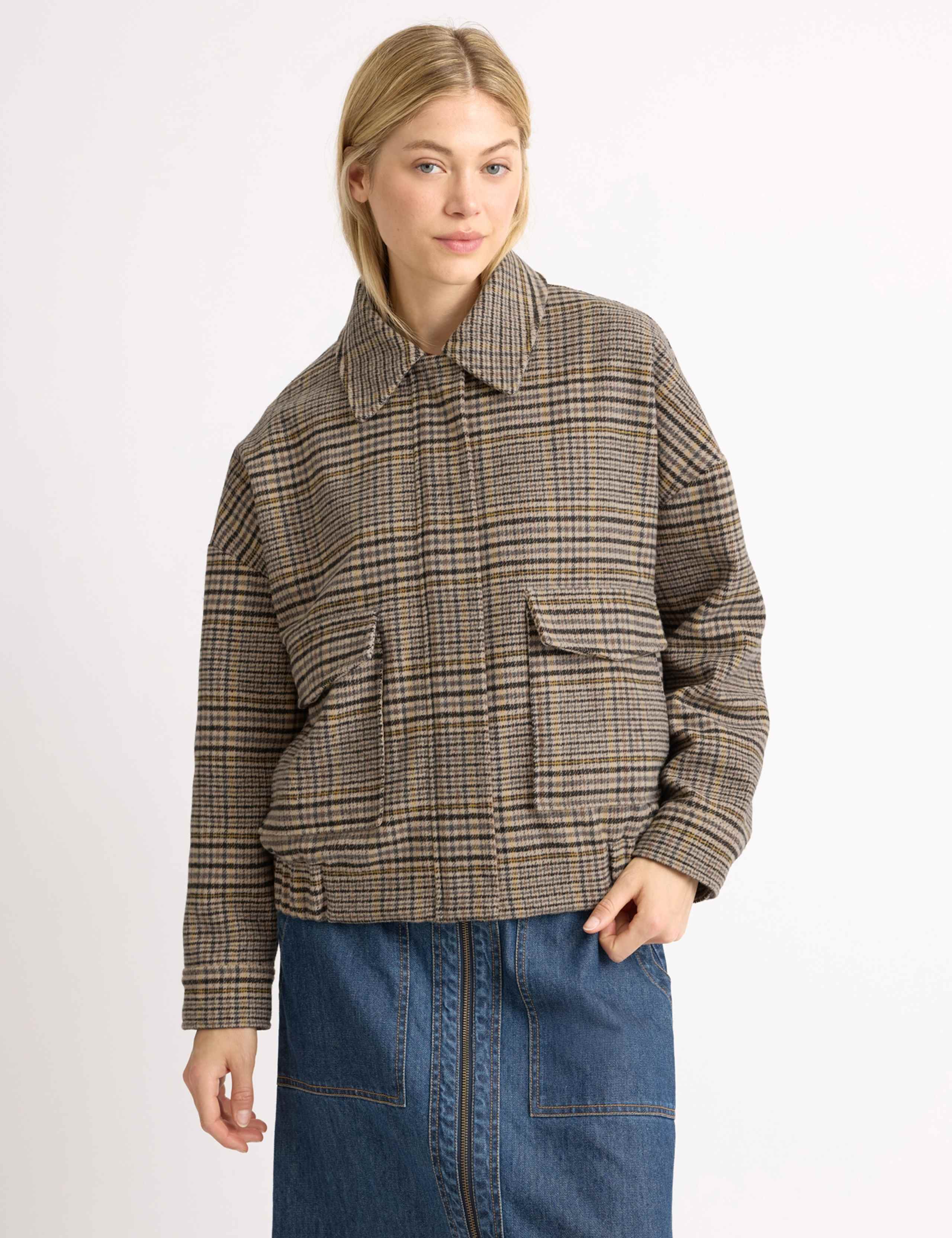 Checked Faux Fur Collar Jacket with Wool 6 of 6