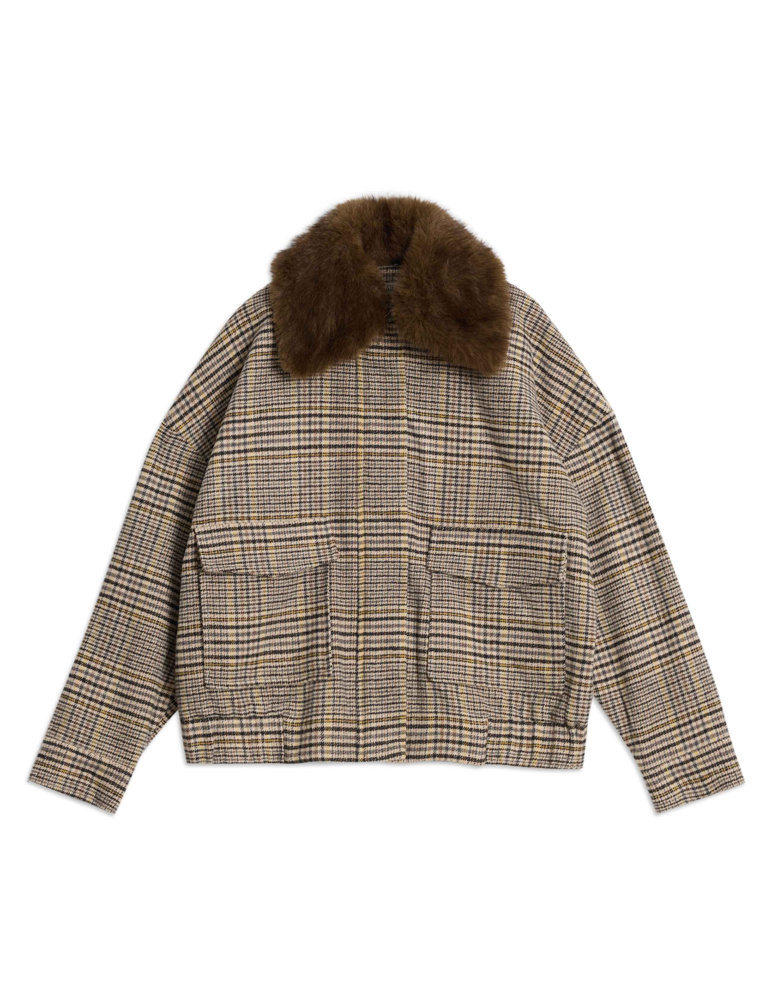 Checked Faux Fur Collar Jacket with Wool 2 of 6