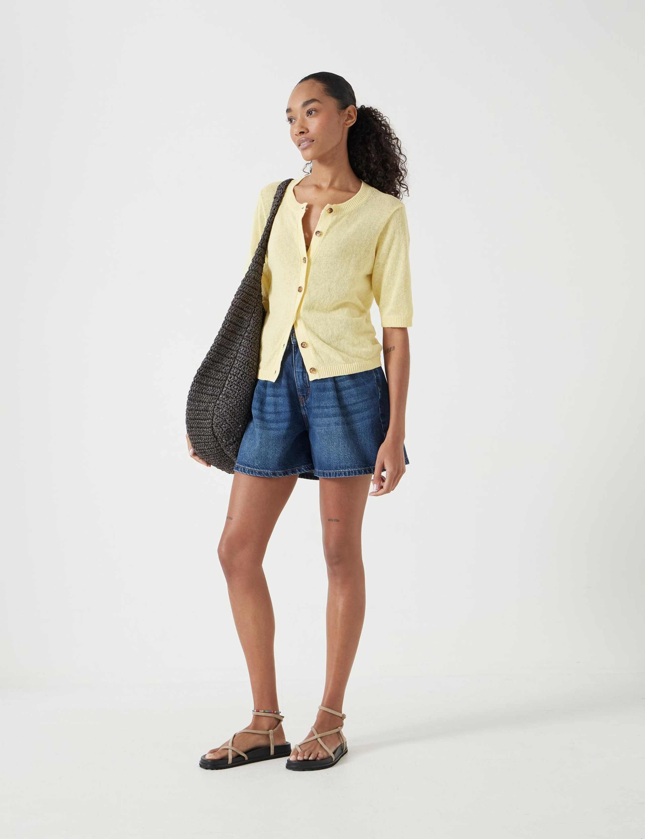 Linen Blend Crew Neck Button Through Cardigan 3 of 5