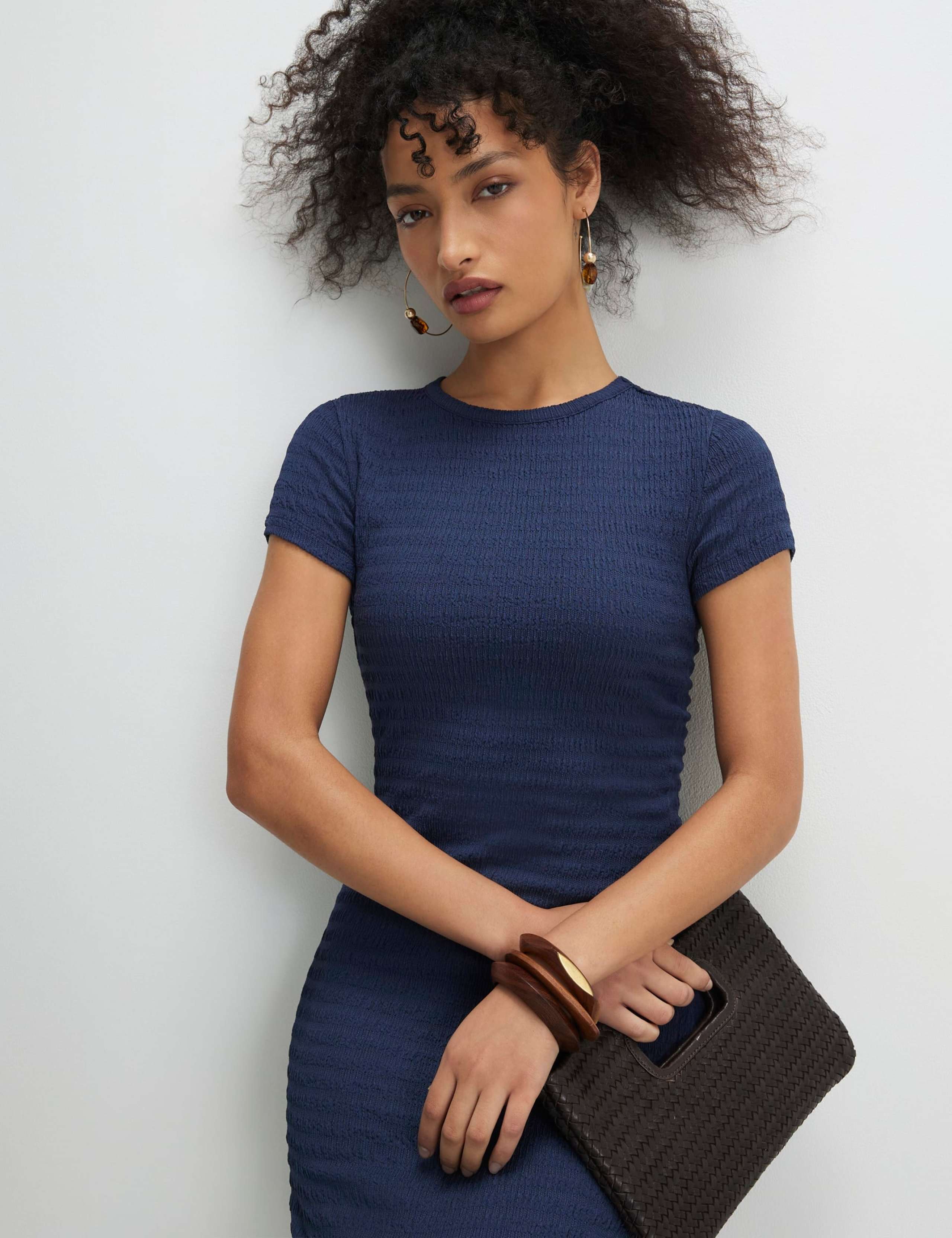 Textured Crew Neck Midi Bodycon Dress 3 of 4