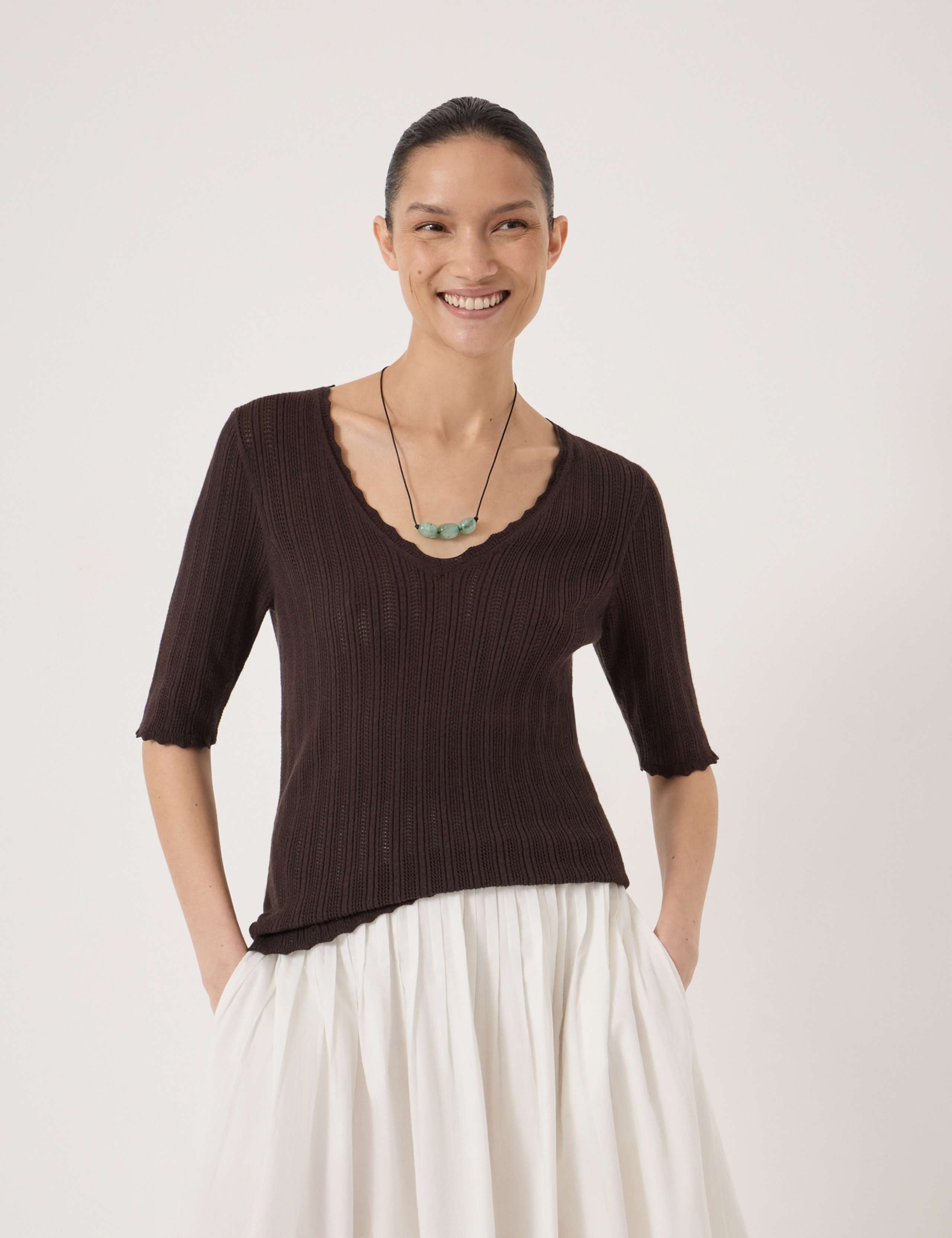 Fine Pointelle V-Neck T-Shirt 1 of 6