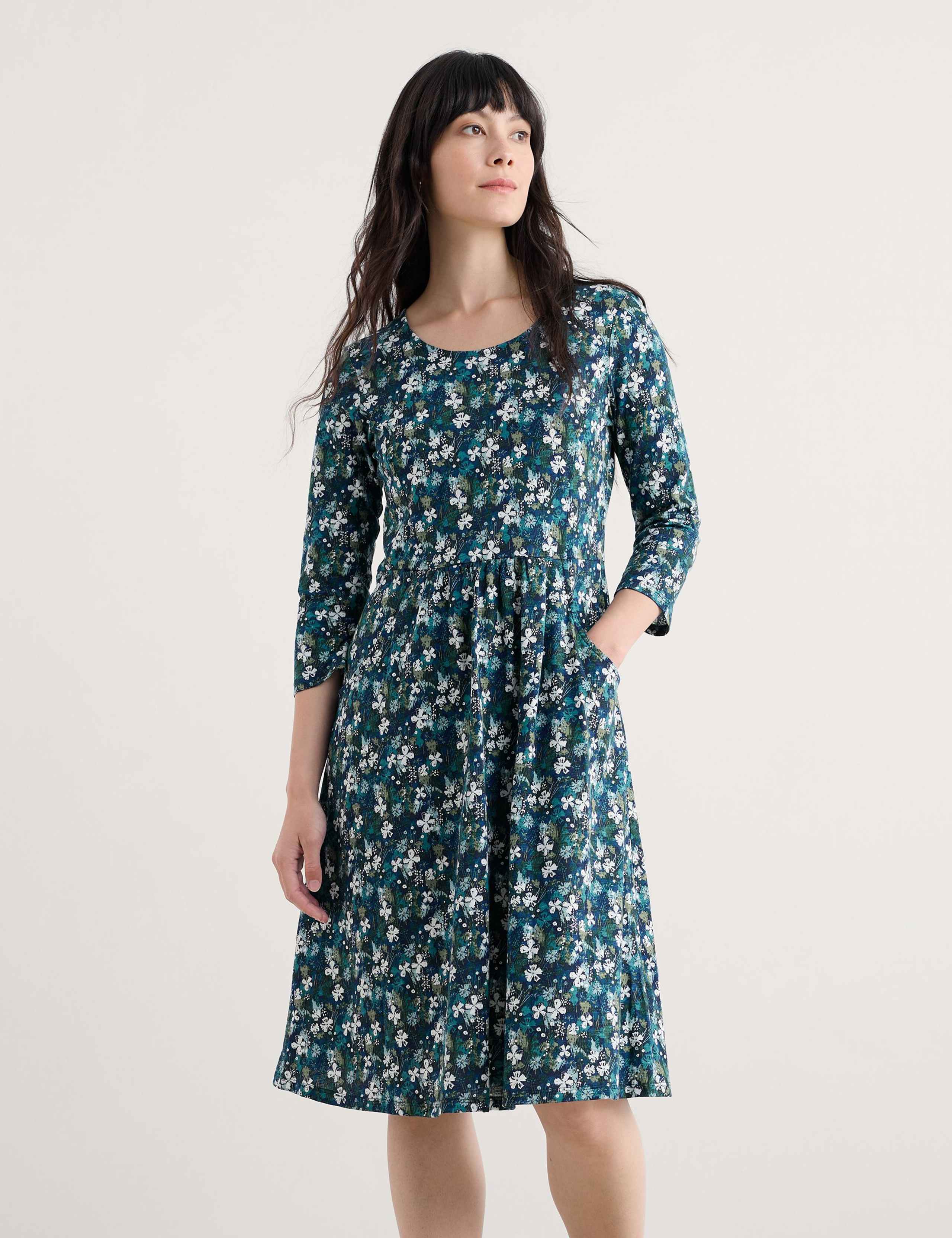 Pure Cotton Floral Midi Waisted Dress 1 of 5