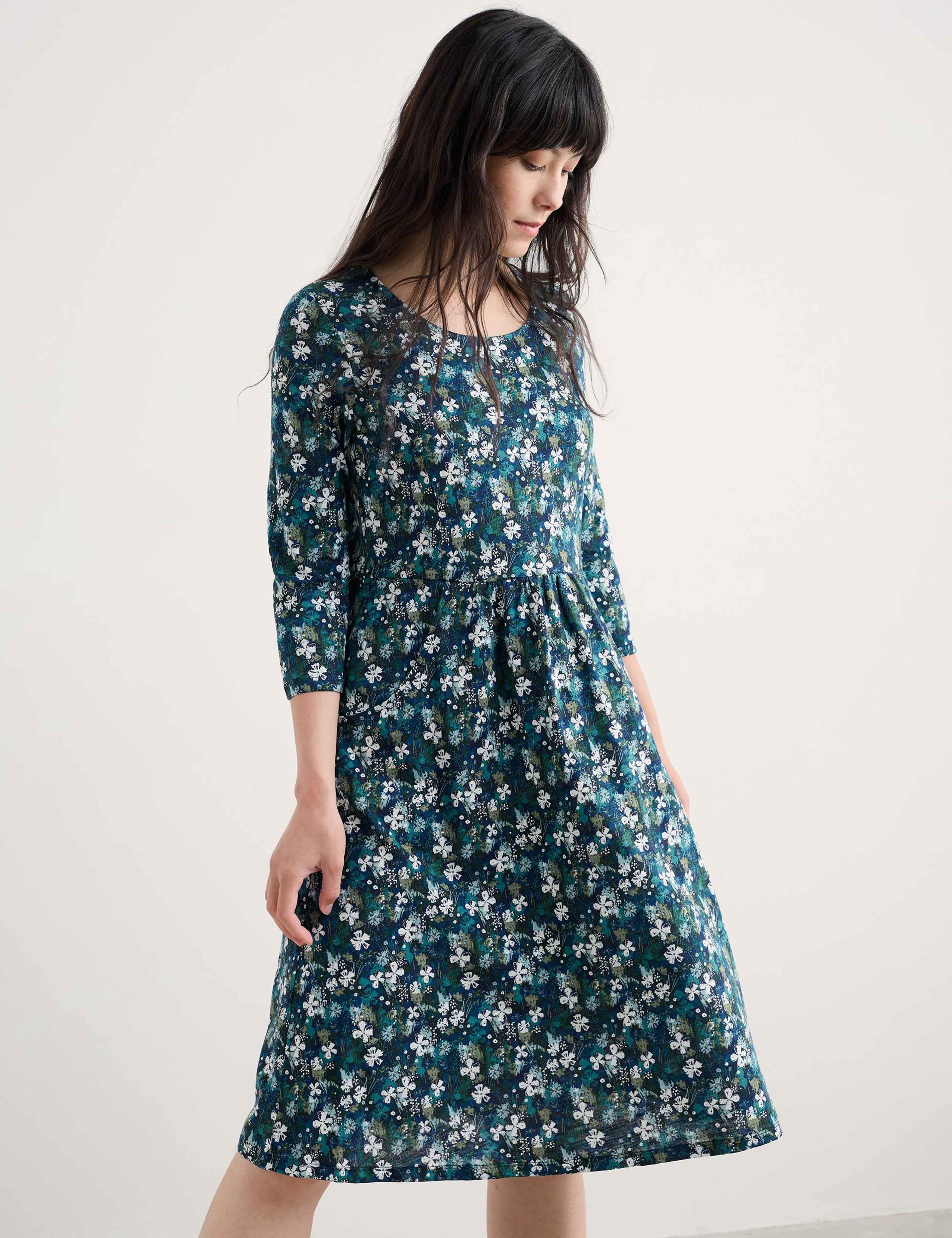 Pure Cotton Floral Midi Waisted Dress 4 of 5