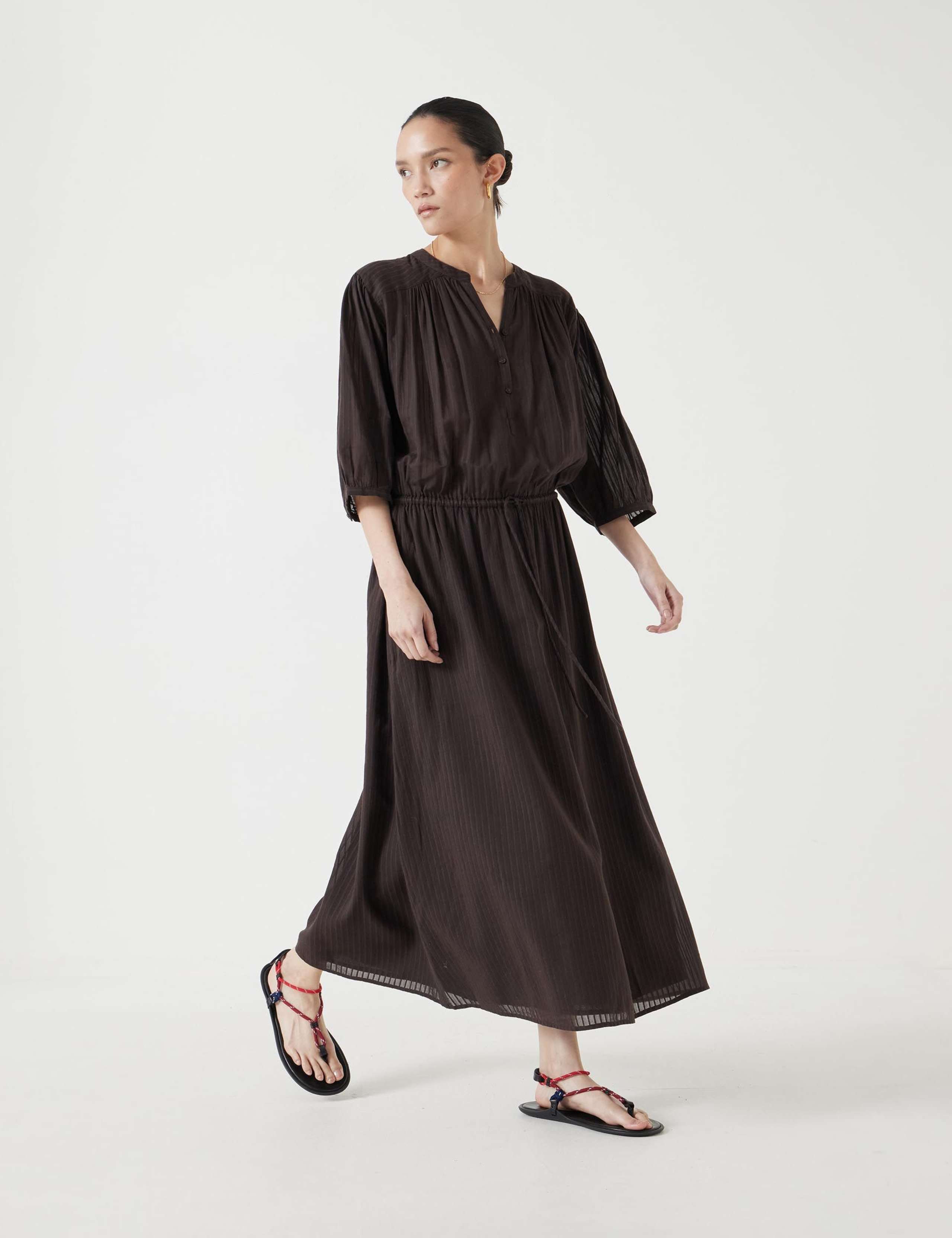 Cotton Rich Notch Neck Midaxi Waisted Dress 3 of 6