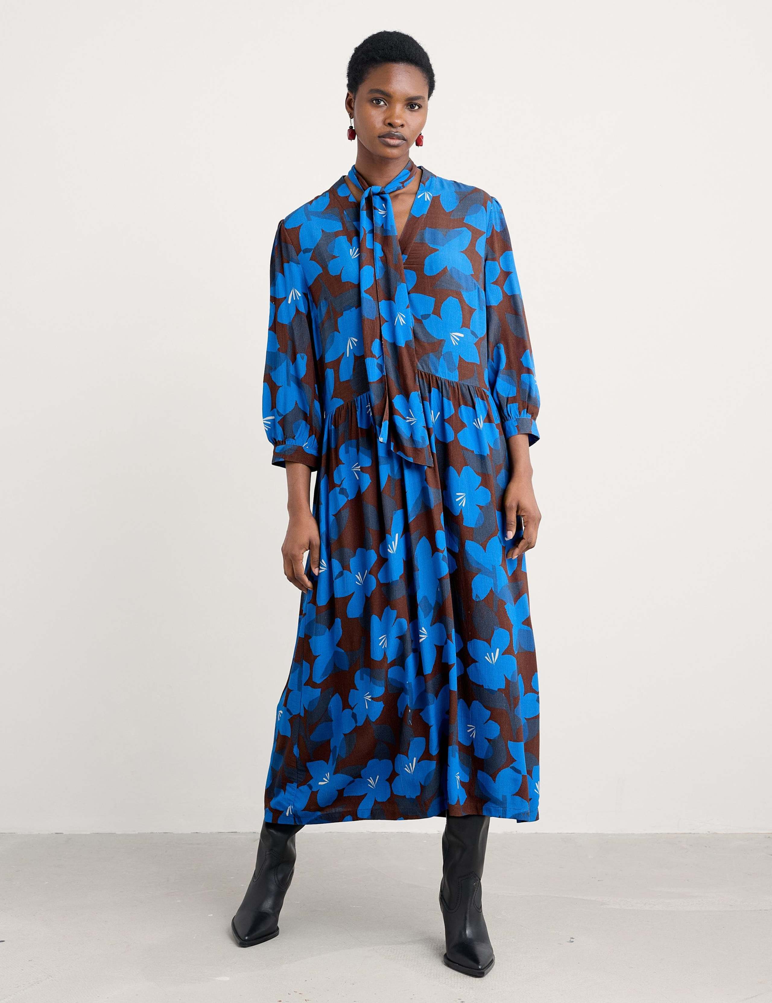 Floral Tie Neck Midi Waisted Dress 1 of 5
