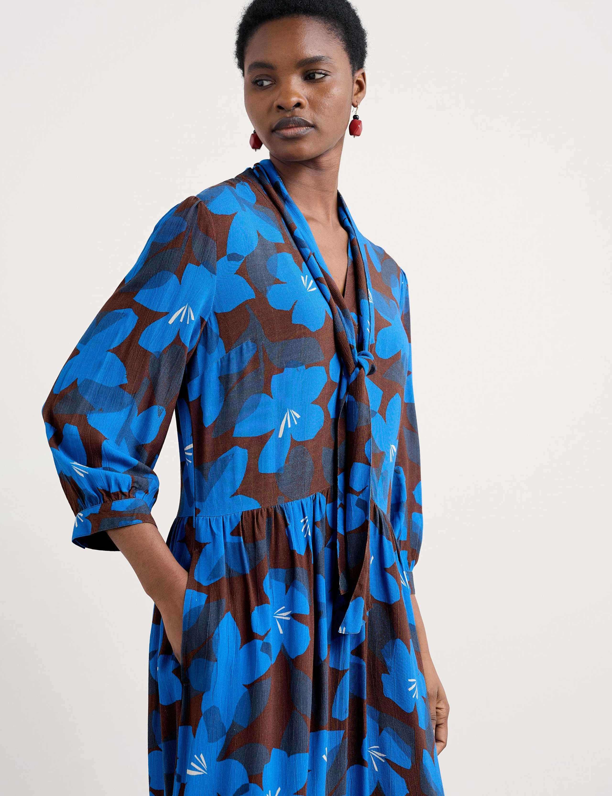 Floral Tie Neck Midi Waisted Dress 3 of 5