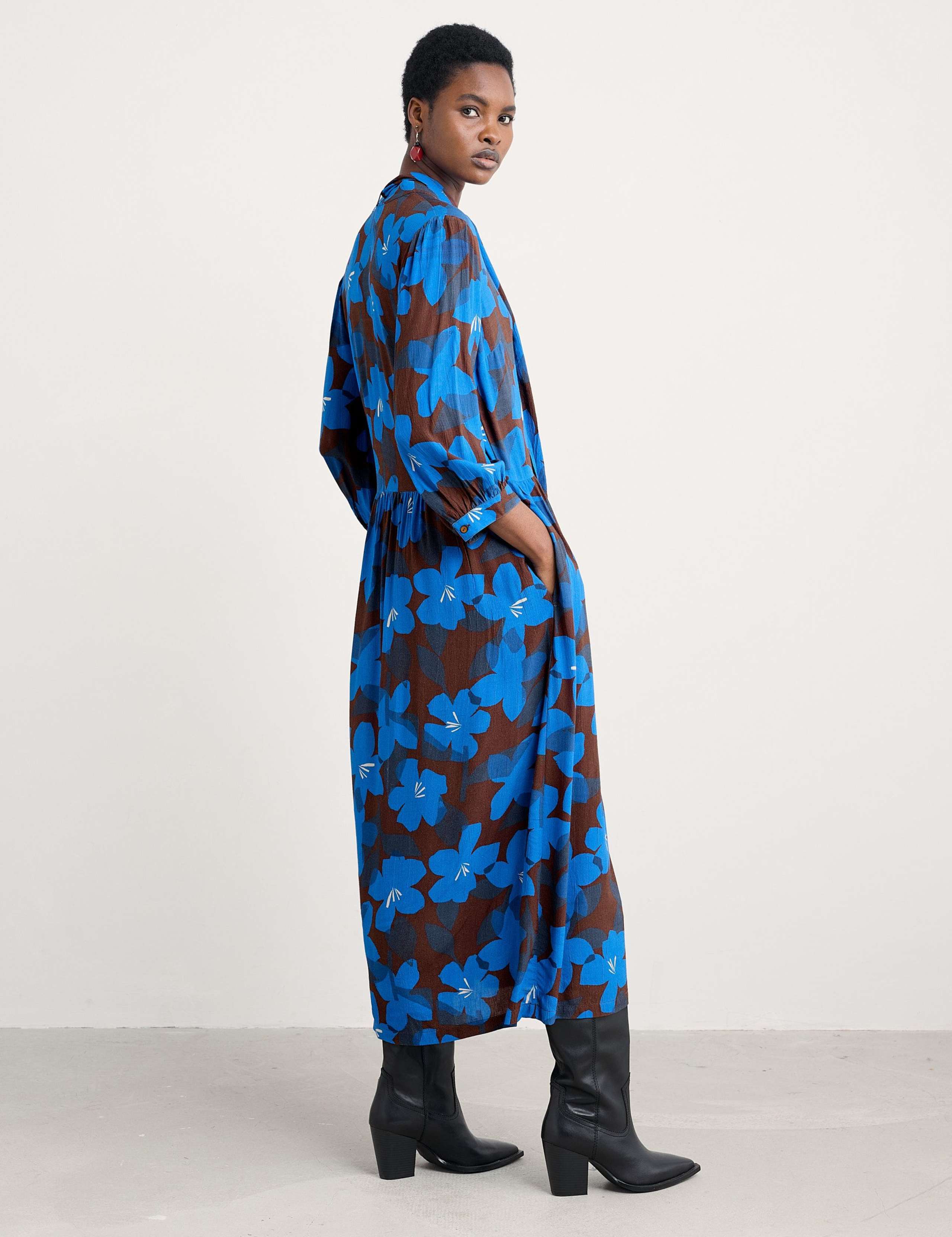 Floral Tie Neck Midi Waisted Dress 4 of 5